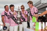 DBPC Polo in the Park 2012: The C.A.N.I. team, winner of the 4 Goal Tusk Trophy Tournament - Grant Collett, Sebastian Funes, Louise Jebsen, and Jamie Potter..
Dallas Burston Polo Club,
Stoneythorpe Estate,
Southam,
Warwickshire,
United Kingdom,
on 16 September 2012 at 16:40, image #253