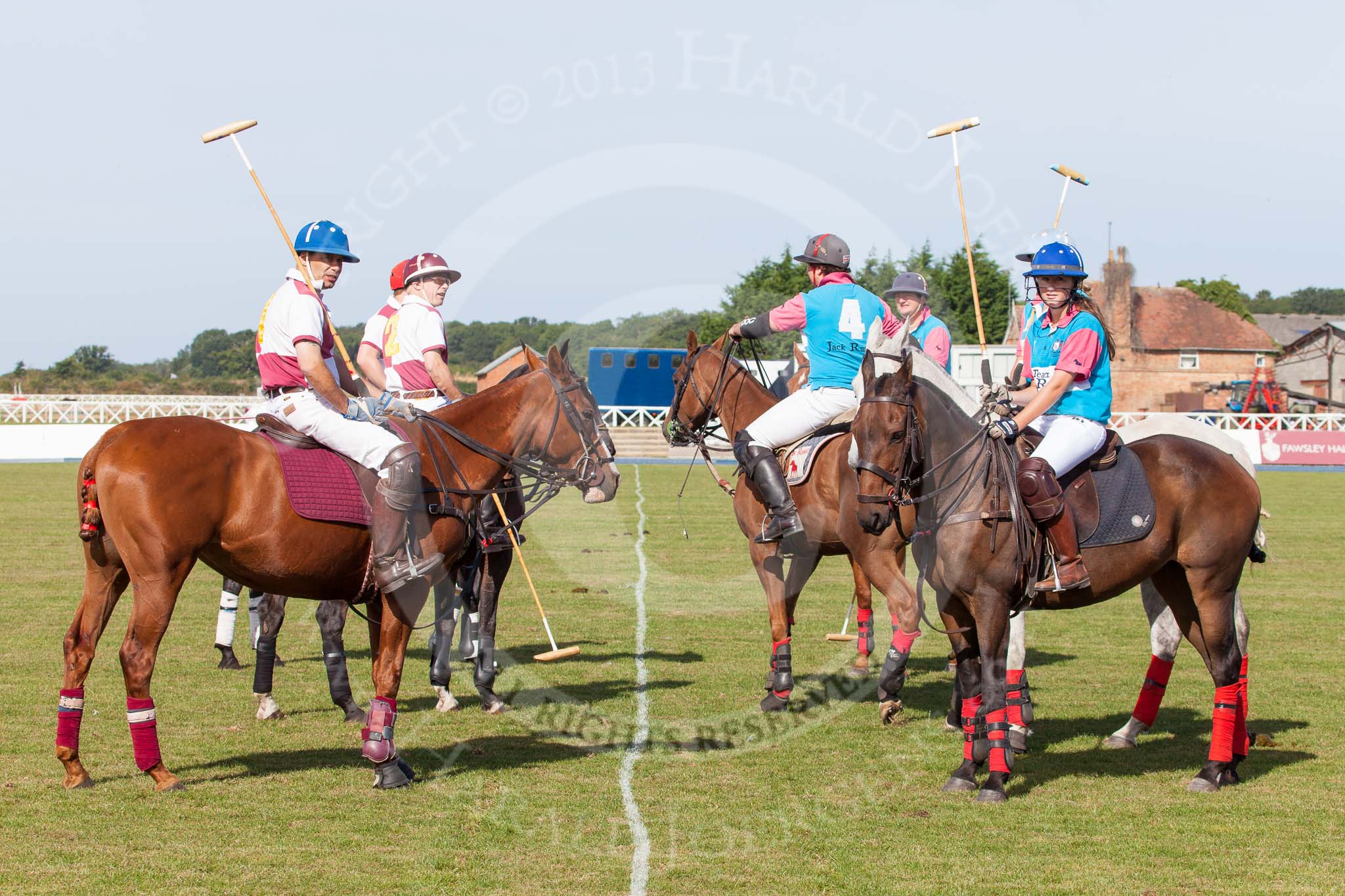 DBPC Polo in the Park 2013, Subsidiary Final Amaranther Trophy (0 Goal), Leadenham vs Kingsbridge: Before the start of the match, the Knightsbridge team on the left, Leadenham on the right..
Dallas Burston Polo Club, ,
Southam,
Warwickshire,
United Kingdom,
on 01 September 2013 at 10:22, image #27