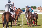 DBPC Polo in the Park 2013, Subsidiary Final Amaranther Trophy (0 Goal), Leadenham vs Kingsbridge: Umpire Crispin Matthews at the throw-in, on the left the Kingsbridge team, Leadenham on the right..
Dallas Burston Polo Club, ,
Southam,
Warwickshire,
United Kingdom,
on 01 September 2013 at 10:23, image #28