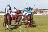 DBPC Polo in the Park 2013, Subsidiary Final Amaranther Trophy (0 Goal), Leadenham vs Kingsbridge: The start of the fist chukker after the throw-in by umpire Crispin Matthews, on the left the Kingsbridge team, Leadenham on the right..
Dallas Burston Polo Club, ,
Southam,
Warwickshire,
United Kingdom,
on 01 September 2013 at 10:23, image #29