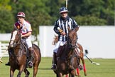 DBPC Polo in the Park 2013, Subsidiary Final Amaranther Trophy (0 Goal), Leadenham vs Kingsbridge: Stewert Hickman (Kingsbridge) and umpire Crispin Matthews..
Dallas Burston Polo Club, ,
Southam,
Warwickshire,
United Kingdom,
on 01 September 2013 at 10:31, image #38