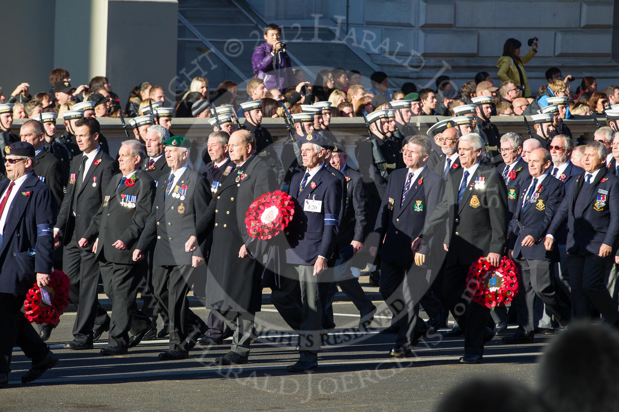 Remembrance Sunday 2012 Cenotaph March Past: Group E20 - HMS Cumberland Association and E21 - HMS Ganges Association..
Whitehall, Cenotaph,
London SW1,

United Kingdom,
on 11 November 2012 at 11:40, image #140