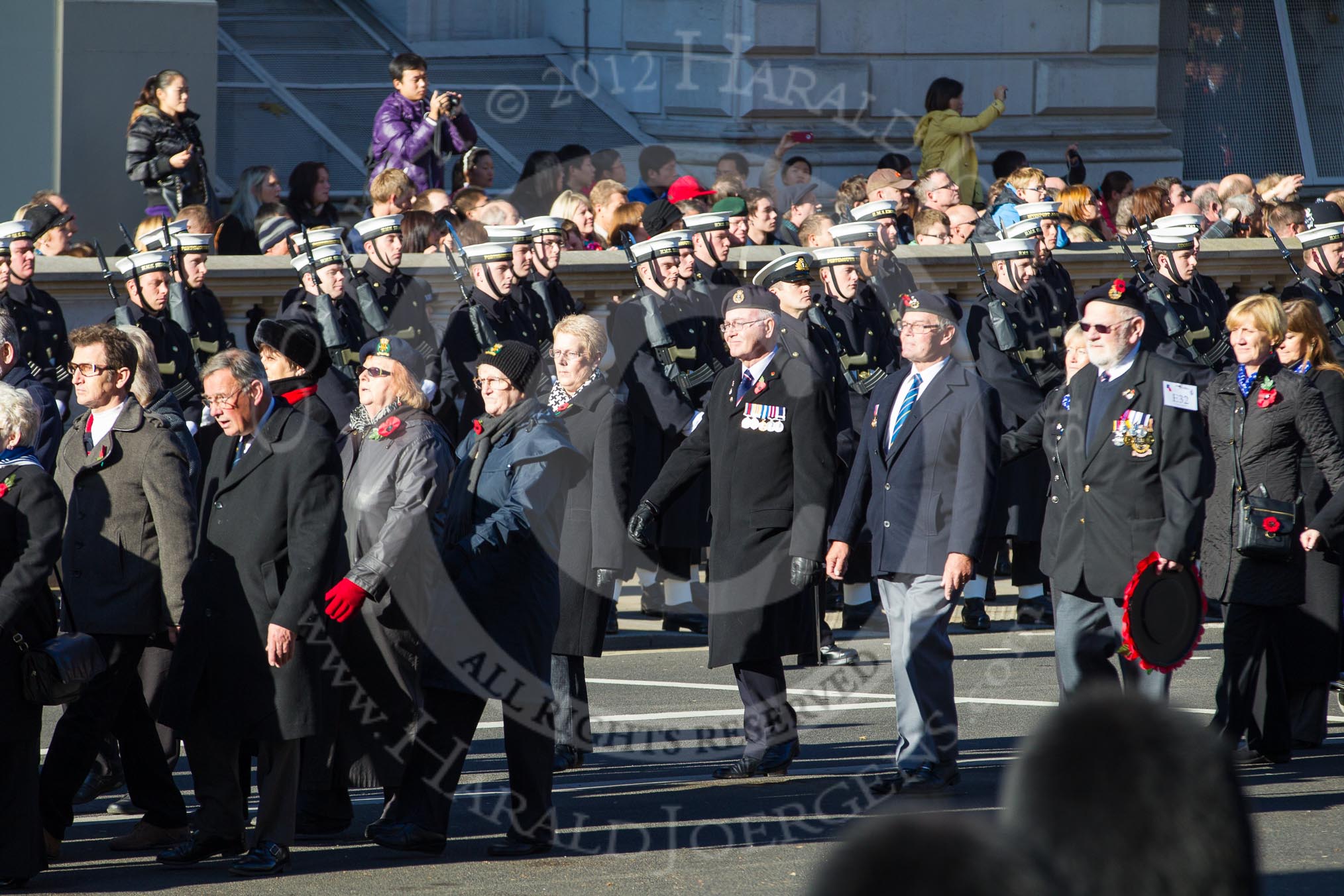 Remembrance Sunday 2012 Cenotaph March Past: Group E31 - Royal Naval Communications Association and E32 - Royal Naval Medical Branch Ratings & Sick Berth Staff Association..
Whitehall, Cenotaph,
London SW1,

United Kingdom,
on 11 November 2012 at 11:41, image #230