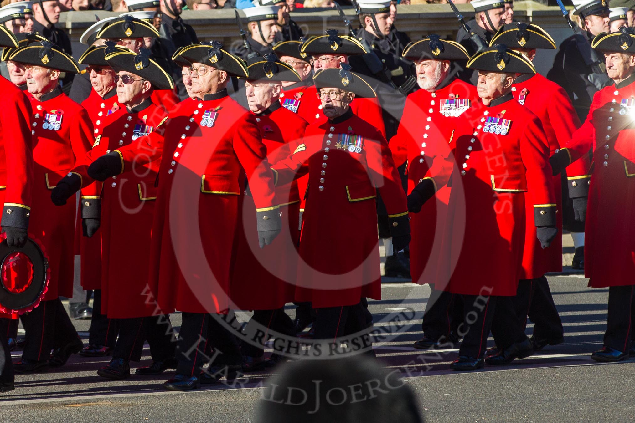 Remembrance Sunday 2012 Cenotaph March Past: Group E43 - Royal Hospital, Chelsea (Chelsea Pensioners)..
Whitehall, Cenotaph,
London SW1,

United Kingdom,
on 11 November 2012 at 11:43, image #337