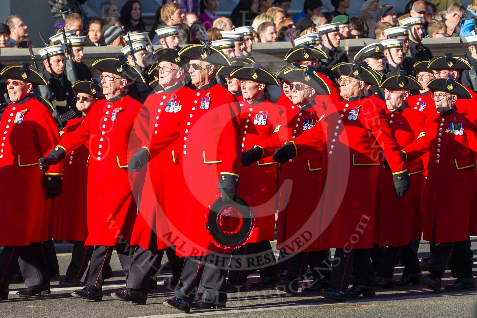 Remembrance Sunday 2012 Cenotaph March Past: Group E43 - Royal Hospital, Chelsea (Chelsea Pensioners)..
Whitehall, Cenotaph,
London SW1,

United Kingdom,
on 11 November 2012 at 11:43, image #338