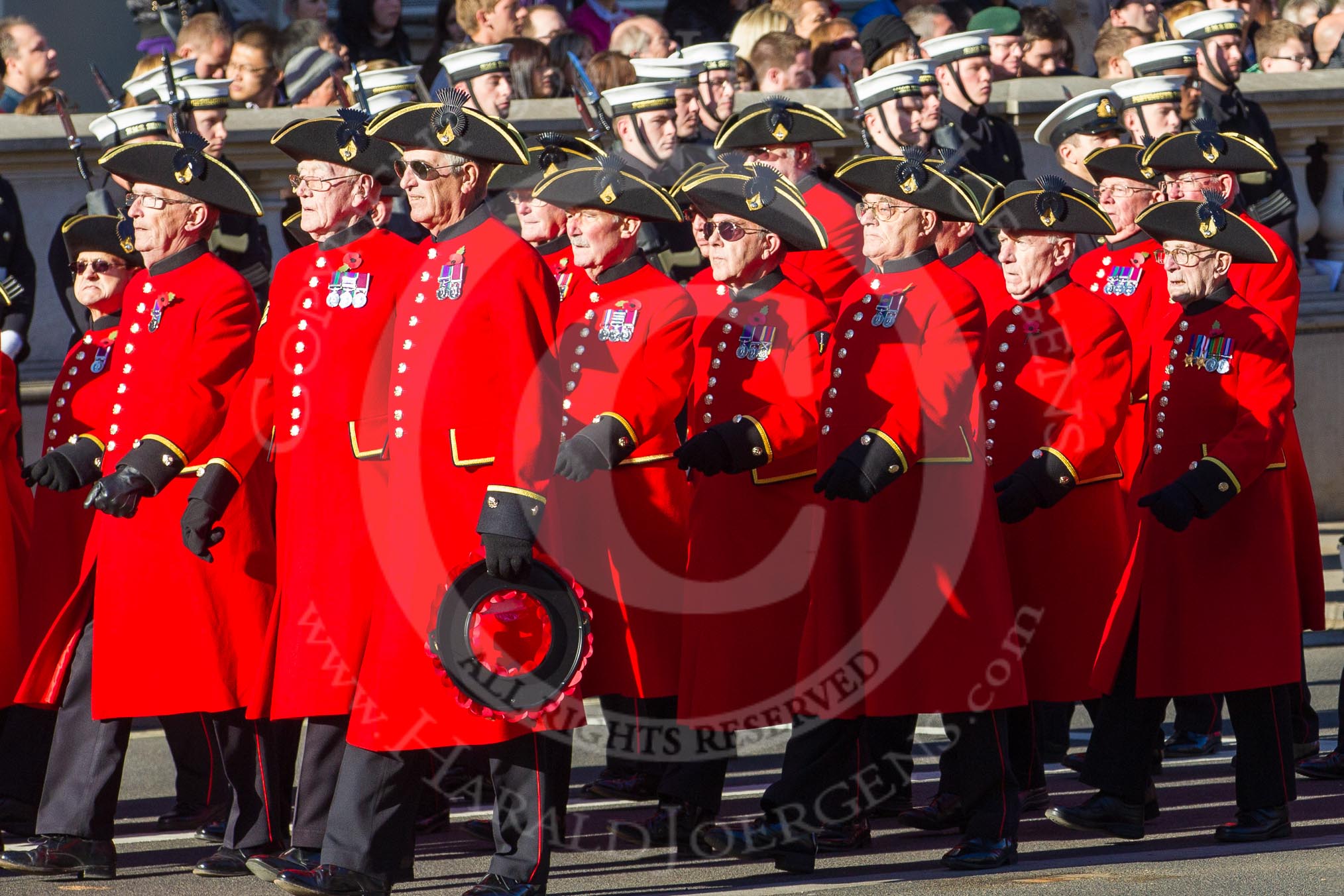 Remembrance Sunday 2012 Cenotaph March Past: Group E43 - Royal Hospital, Chelsea (Chelsea Pensioners)..
Whitehall, Cenotaph,
London SW1,

United Kingdom,
on 11 November 2012 at 11:43, image #340