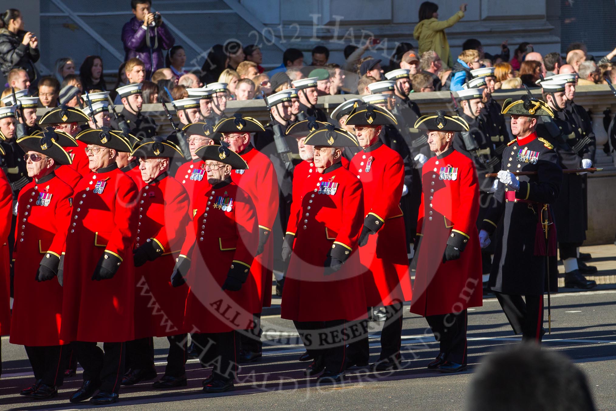 Remembrance Sunday 2012 Cenotaph March Past: Group E43 - Royal Hospital, Chelsea (Chelsea Pensioners)..
Whitehall, Cenotaph,
London SW1,

United Kingdom,
on 11 November 2012 at 11:44, image #345