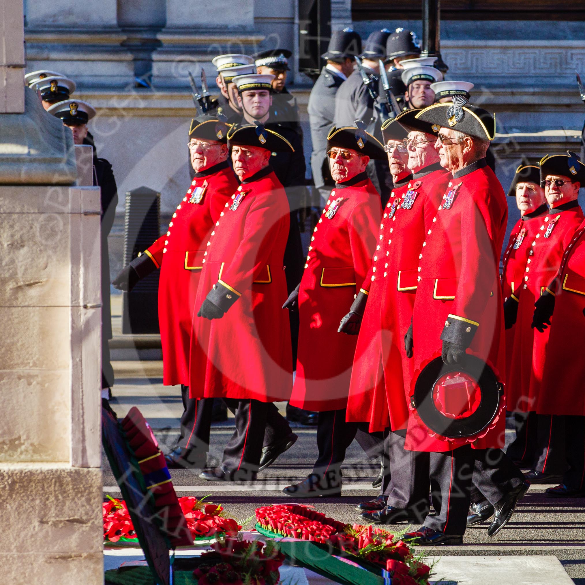 Remembrance Sunday 2012 Cenotaph March Past: Group E43 - Royal Hospital, Chelsea (Chelsea Pensioners) passing the Cenotaph..
Whitehall, Cenotaph,
London SW1,

United Kingdom,
on 11 November 2012 at 11:44, image #358