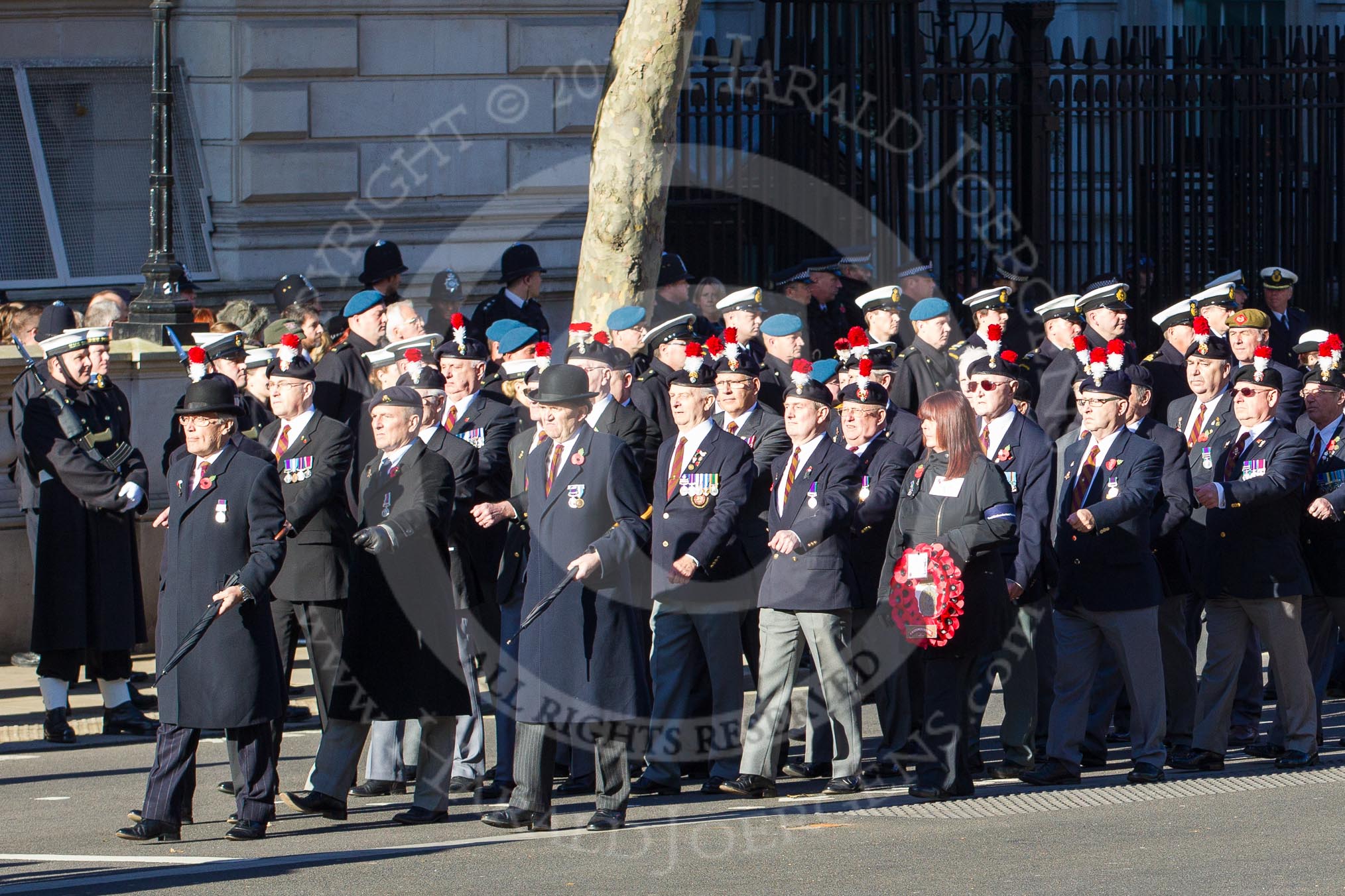 Remembrance Sunday 2012 Cenotaph March Past: Group A7 - Royal Northumberland Fusiliers  and A8 - 
The Duke of Lancaster's Regimental Association..
Whitehall, Cenotaph,
London SW1,

United Kingdom,
on 11 November 2012 at 11:49, image #577