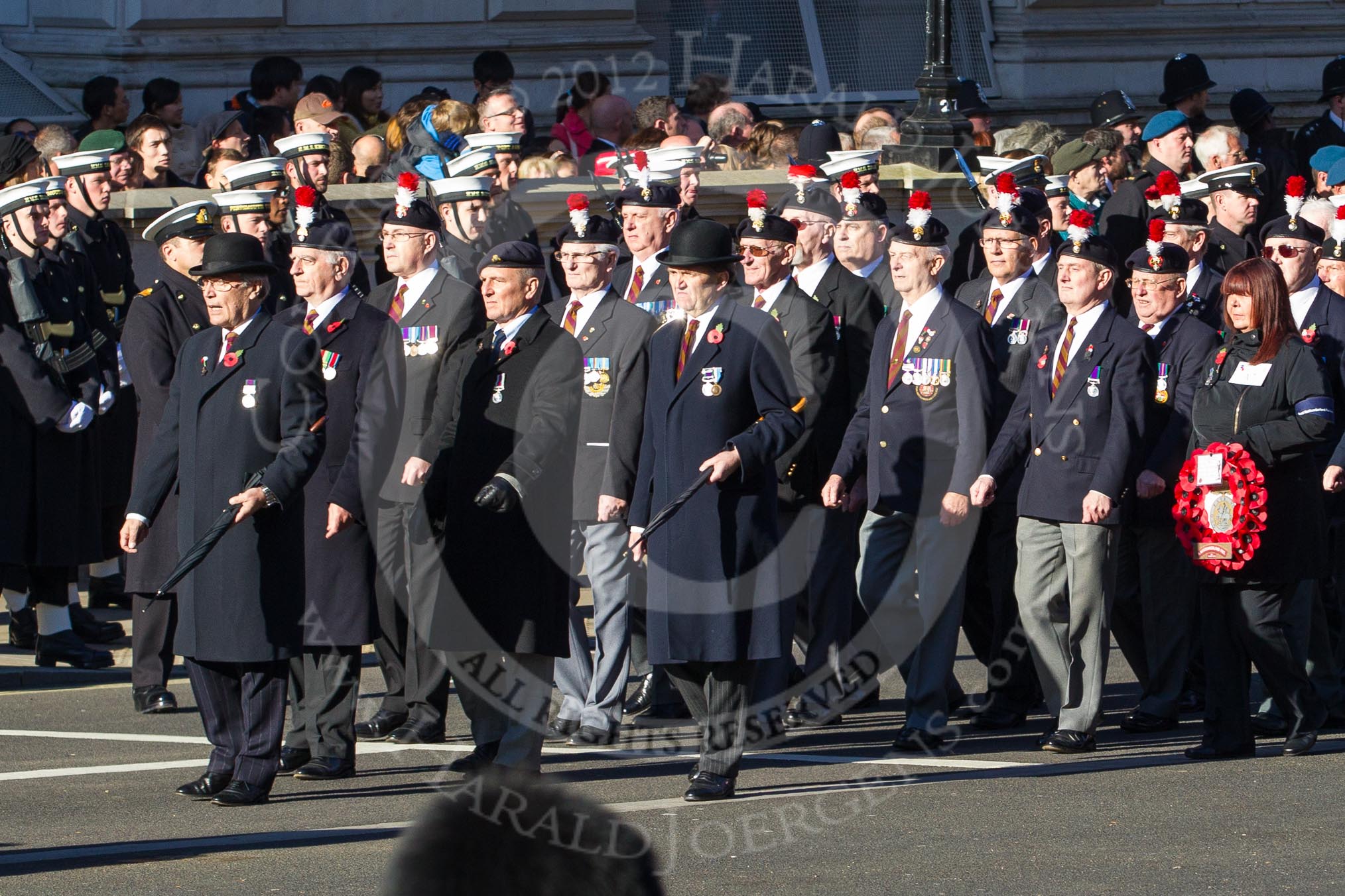 Remembrance Sunday 2012 Cenotaph March Past: Group A7 - Royal Northumberland Fusiliers  and A8 - 
The Duke of Lancaster's Regimental Association..
Whitehall, Cenotaph,
London SW1,

United Kingdom,
on 11 November 2012 at 11:49, image #579