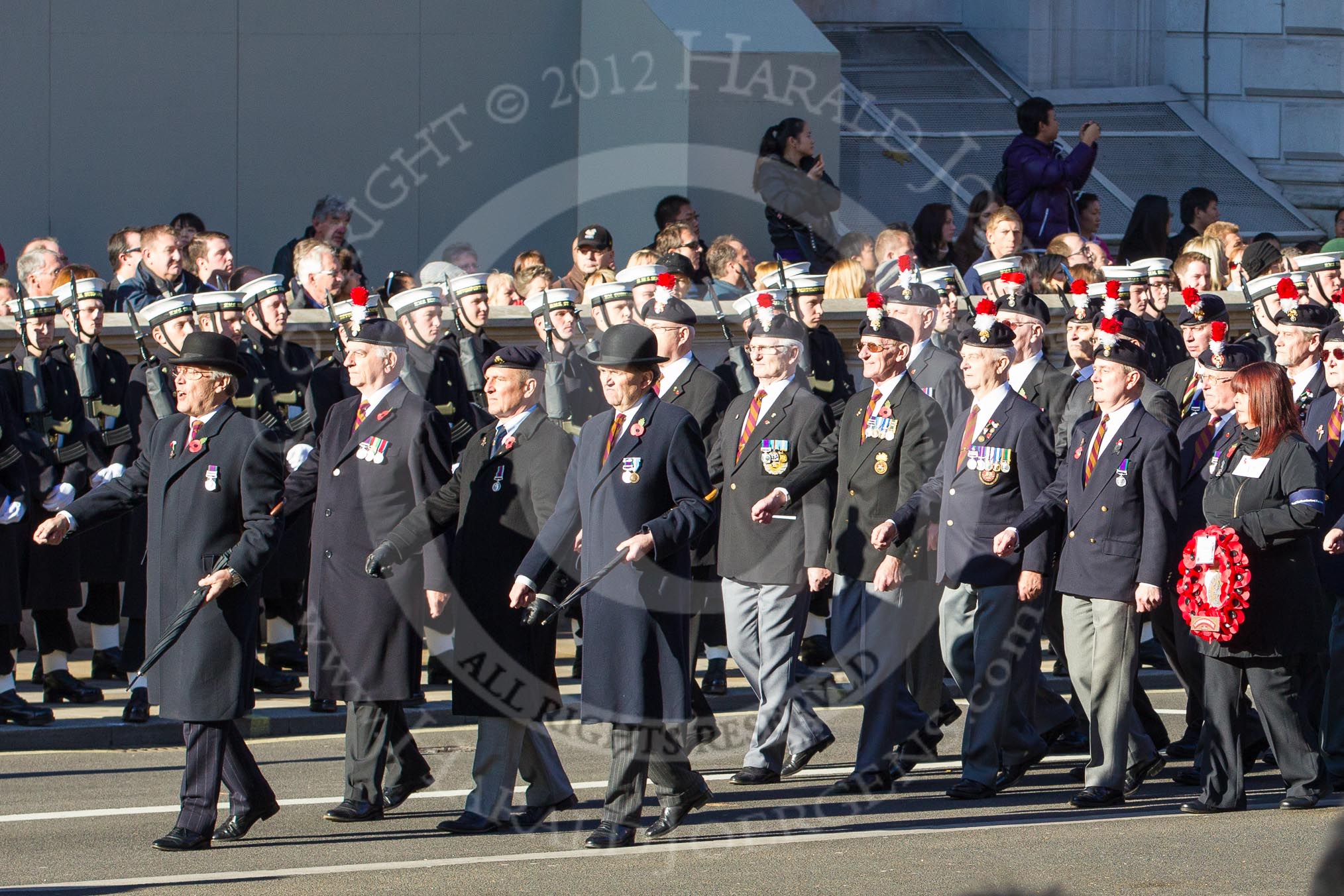 Remembrance Sunday 2012 Cenotaph March Past: Group A7 - Royal Northumberland Fusiliers  and A8 - 
The Duke of Lancaster's Regimental Association..
Whitehall, Cenotaph,
London SW1,

United Kingdom,
on 11 November 2012 at 11:49, image #585