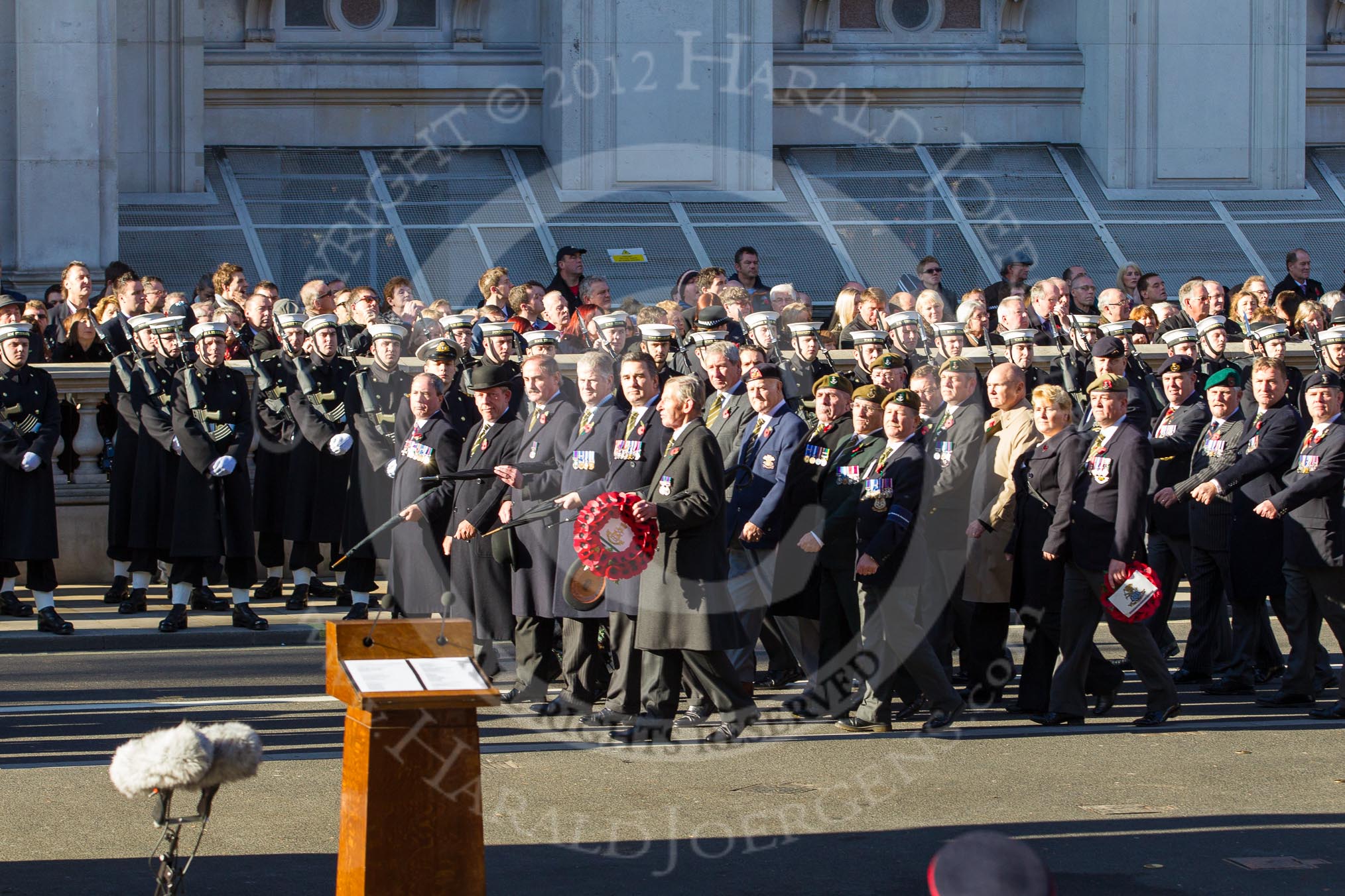 Remembrance Sunday 2012 Cenotaph March Past: Group A9 - Green Howards Association, A10 - Duke of Wellington's Regiment, A11 - Cheshire Regiment Association., and A12 - Sherwood Foresters & Worcestershire Regiment..
Whitehall, Cenotaph,
London SW1,

United Kingdom,
on 11 November 2012 at 11:49, image #610