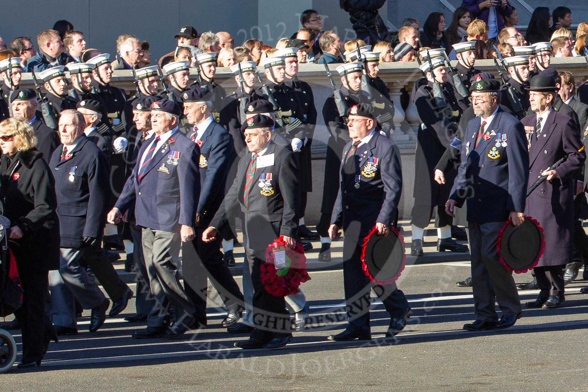 Remembrance Sunday 2012 Cenotaph March Past: Group A11 - Cheshire Regiment Association, A12 - Sherwood Foresters & Worcestershire Regiment, and A13 - Mercian Regiment Association..
Whitehall, Cenotaph,
London SW1,

United Kingdom,
on 11 November 2012 at 11:49, image #617