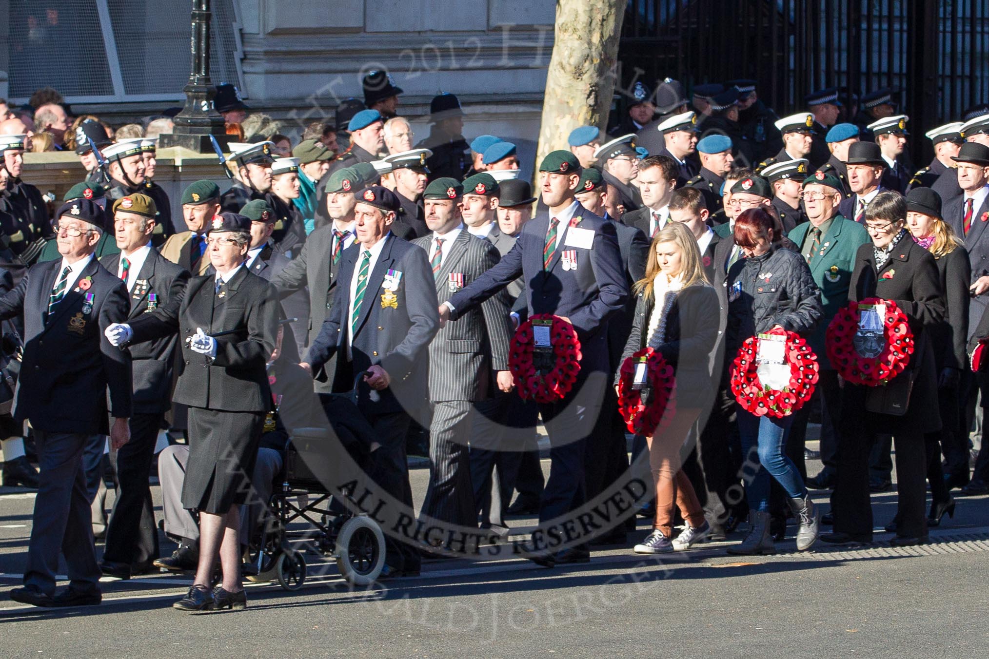 Remembrance Sunday 2012 Cenotaph March Past: Group A12 - Sherwood Foresters & Worcestershire Regiment, A13 - Mercian Regiment Association, and A14 - Rifles Regimental Association..
Whitehall, Cenotaph,
London SW1,

United Kingdom,
on 11 November 2012 at 11:49, image #624