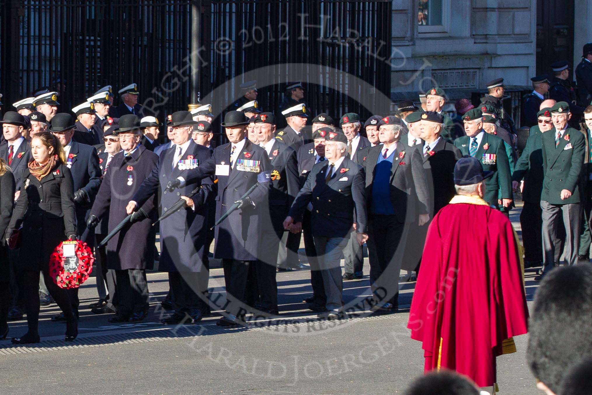 Remembrance Sunday 2012 Cenotaph March Past: Group A12 - Sherwood Foresters & Worcestershire Regiment, A13 - Mercian Regiment Association, and A14 - Rifles Regimental Association..
Whitehall, Cenotaph,
London SW1,

United Kingdom,
on 11 November 2012 at 11:49, image #628