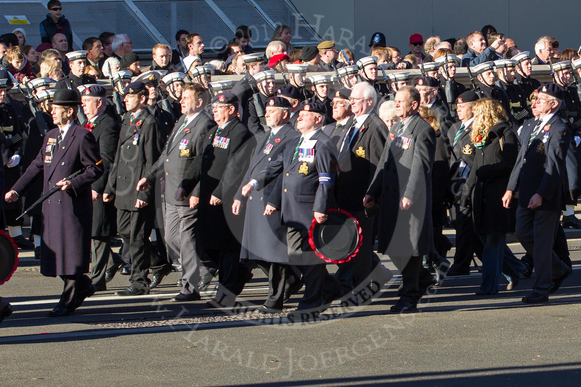 Remembrance Sunday 2012 Cenotaph March Past: Group A12 - Sherwood Foresters & Worcestershire Regiment, A13 - Mercian Regiment Association, and A14 - Rifles Regimental Association..
Whitehall, Cenotaph,
London SW1,

United Kingdom,
on 11 November 2012 at 11:50, image #632