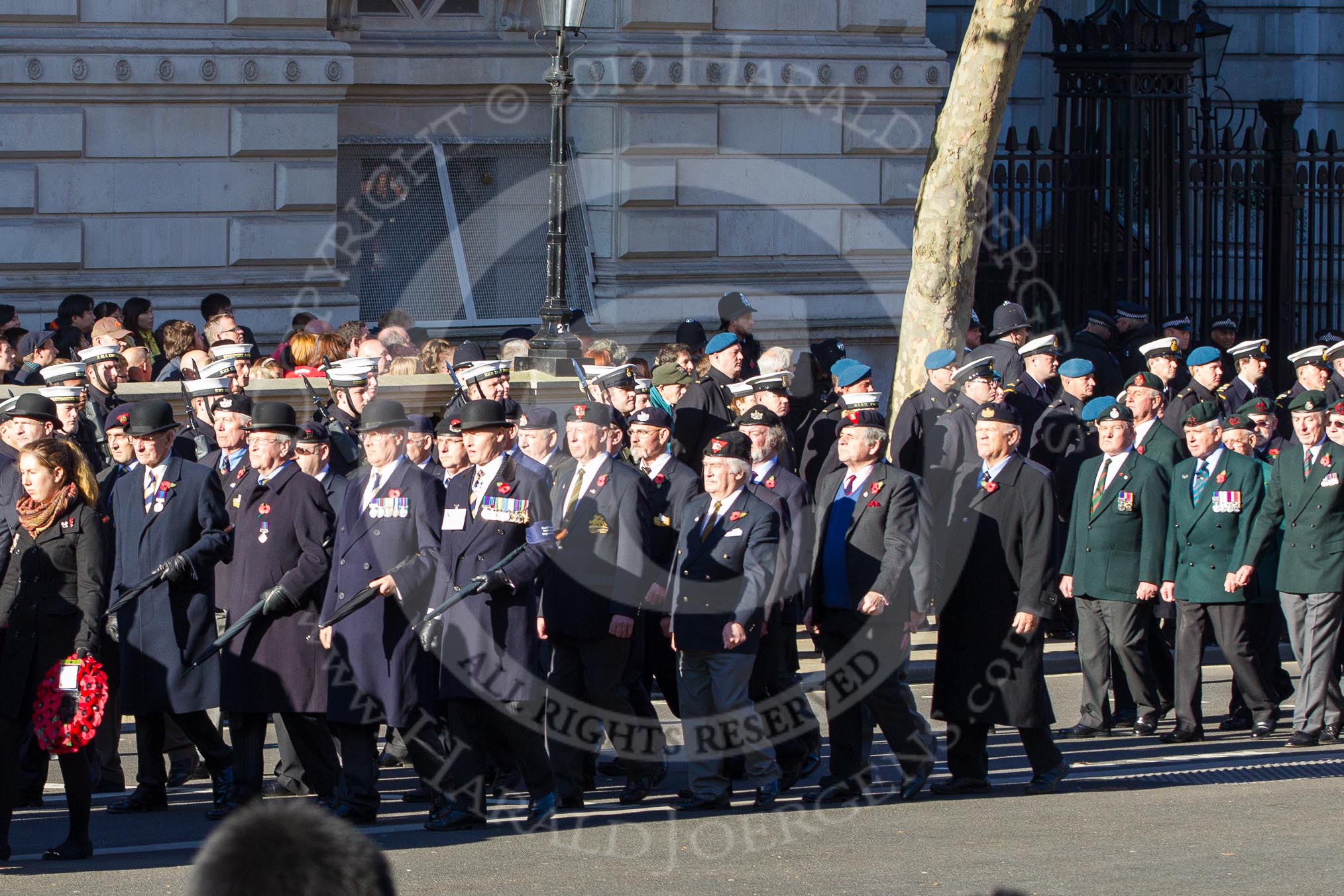Remembrance Sunday 2012 Cenotaph March Past: Group A12 - Sherwood Foresters & Worcestershire Regiment, A13 - Mercian Regiment Association, and A14 - Rifles Regimental Association, A15 - The Rifles & Royal Gloucestershire, Berkshire & Wiltshire Regimental Association..
Whitehall, Cenotaph,
London SW1,

United Kingdom,
on 11 November 2012 at 11:50, image #638
