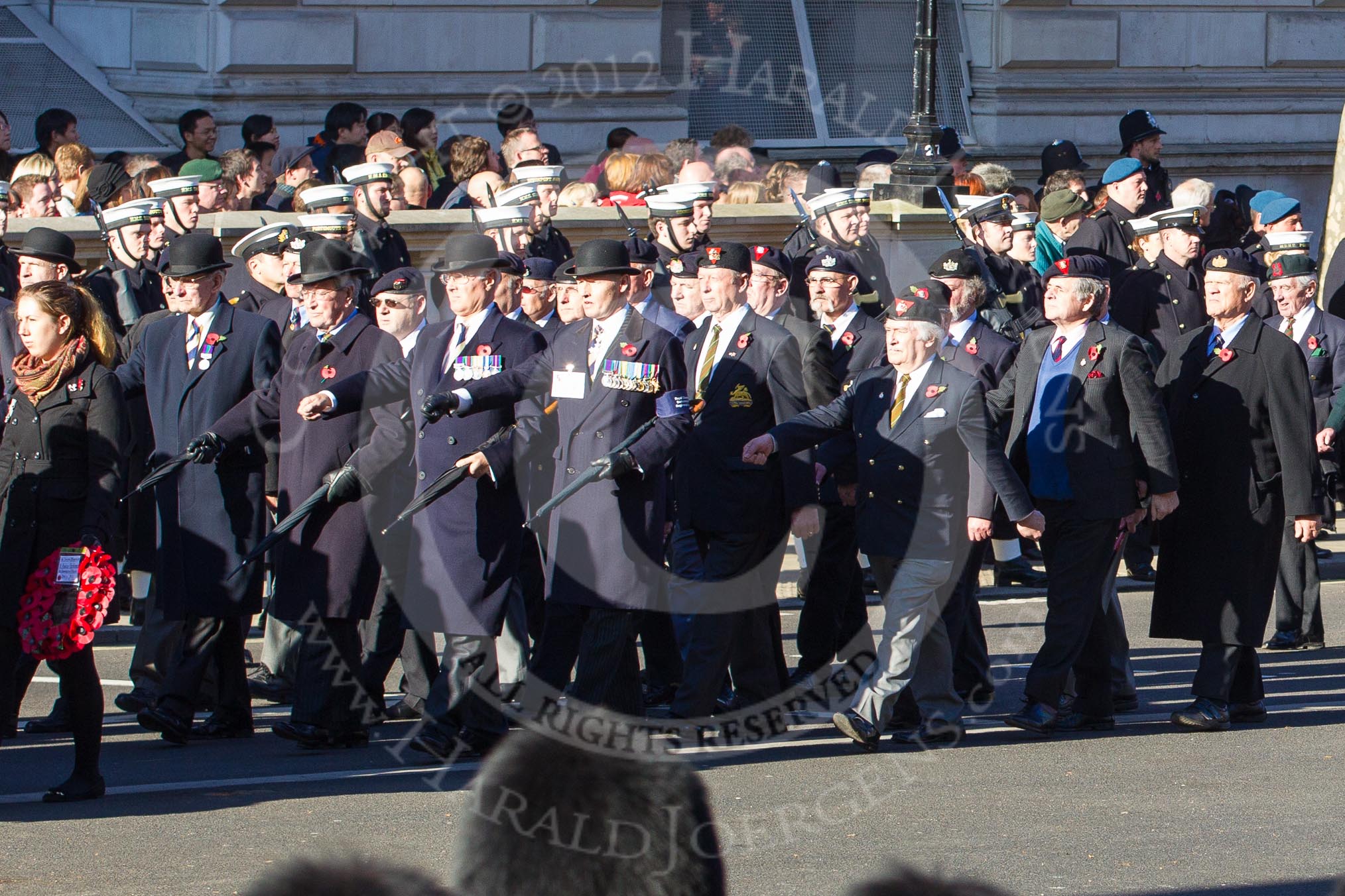 Remembrance Sunday 2012 Cenotaph March Past: Group A13 - Mercian Regiment Association, and A14 - Rifles Regimental Association, A15 - The Rifles & Royal Gloucestershire, Berkshire & Wiltshire Regimental Association..
Whitehall, Cenotaph,
London SW1,

United Kingdom,
on 11 November 2012 at 11:50, image #639