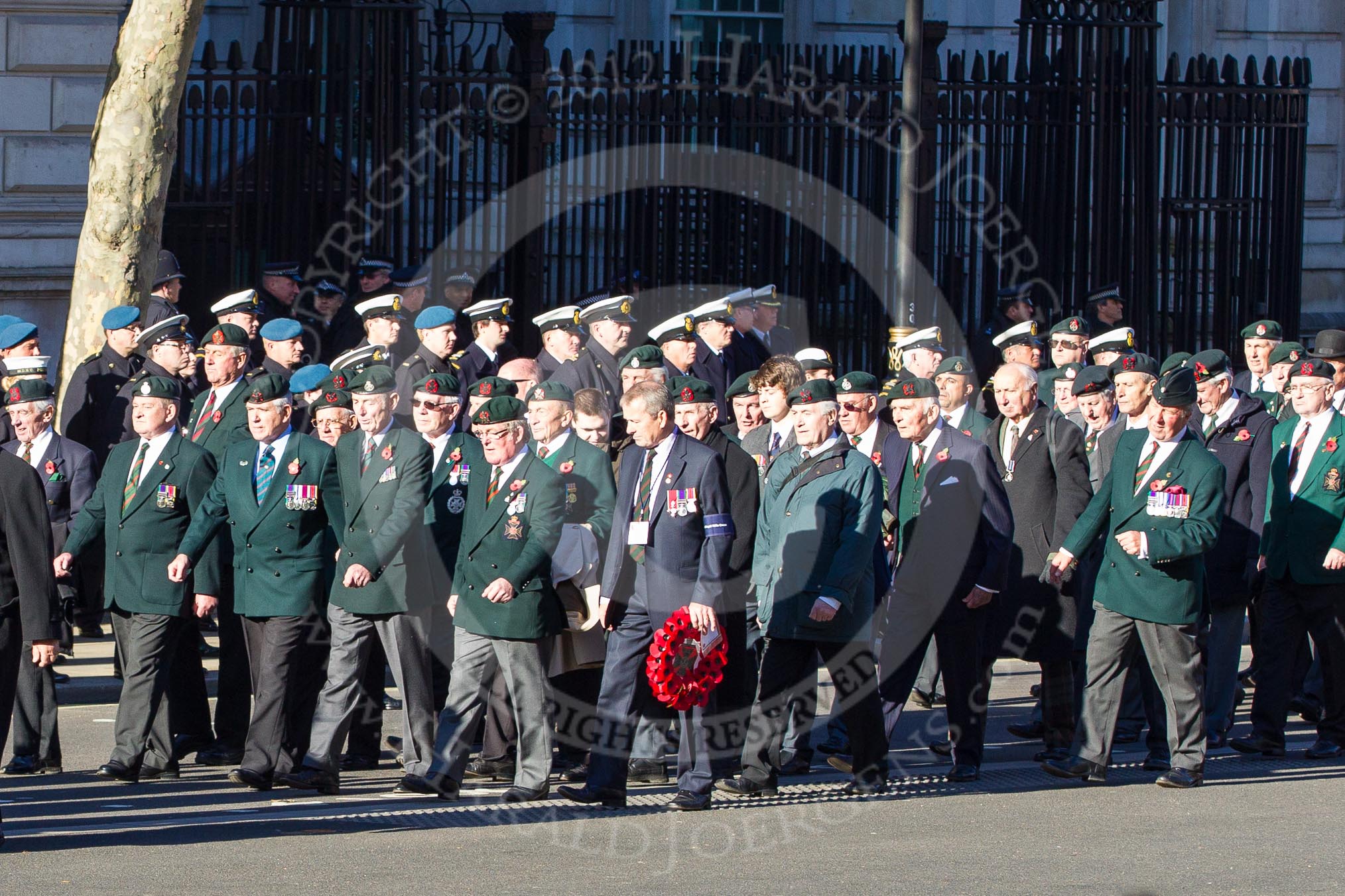 Remembrance Sunday 2012 Cenotaph March Past: Group A13 - Mercian Regiment Association, and A14 - Rifles Regimental Association, A15 - The Rifles & Royal Gloucestershire, Berkshire & Wiltshire Regimental Association..
Whitehall, Cenotaph,
London SW1,

United Kingdom,
on 11 November 2012 at 11:50, image #640