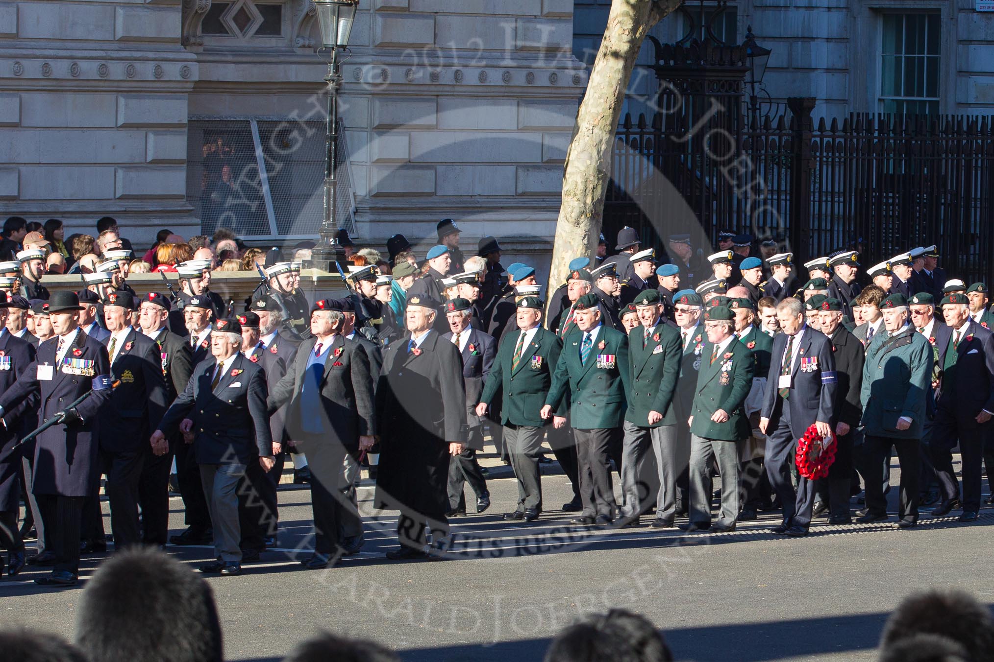 Remembrance Sunday 2012 Cenotaph March Past: Group A13 - Mercian Regiment Association, and A14 - Rifles Regimental Association, A15 - The Rifles & Royal Gloucestershire, Berkshire & Wiltshire Regimental Association..
Whitehall, Cenotaph,
London SW1,

United Kingdom,
on 11 November 2012 at 11:50, image #641