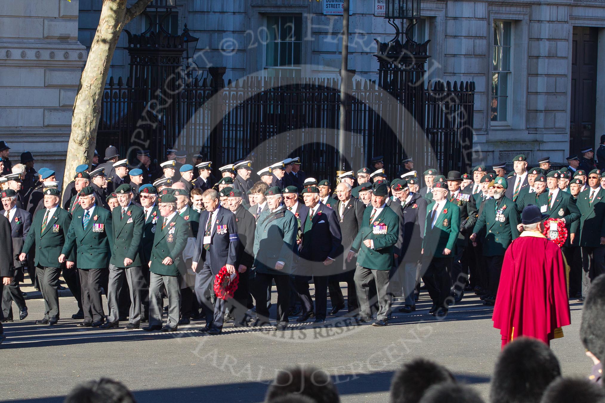 Remembrance Sunday 2012 Cenotaph March Past: Group A13 - Mercian Regiment Association, and A14 - Rifles Regimental Association, A15 - The Rifles & Royal Gloucestershire, Berkshire & Wiltshire Regimental Association..
Whitehall, Cenotaph,
London SW1,

United Kingdom,
on 11 November 2012 at 11:50, image #642