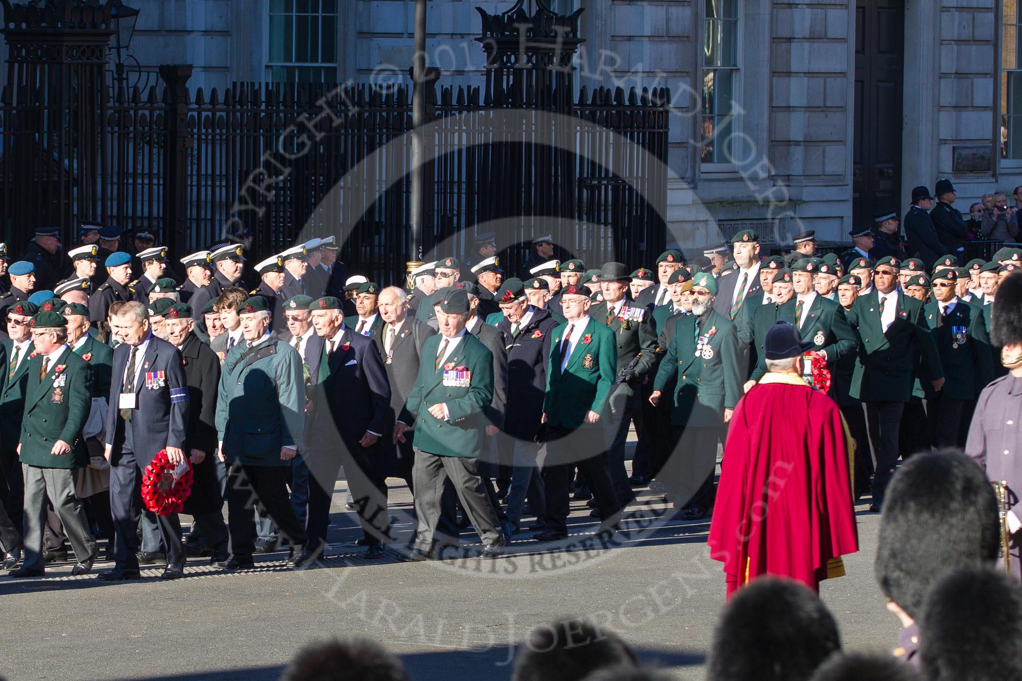 Remembrance Sunday 2012 Cenotaph March Past: Group A13 - Mercian Regiment Association, and A14 - Rifles Regimental Association, A15 - The Rifles & Royal Gloucestershire, Berkshire & Wiltshire Regimental Association..
Whitehall, Cenotaph,
London SW1,

United Kingdom,
on 11 November 2012 at 11:50, image #644
