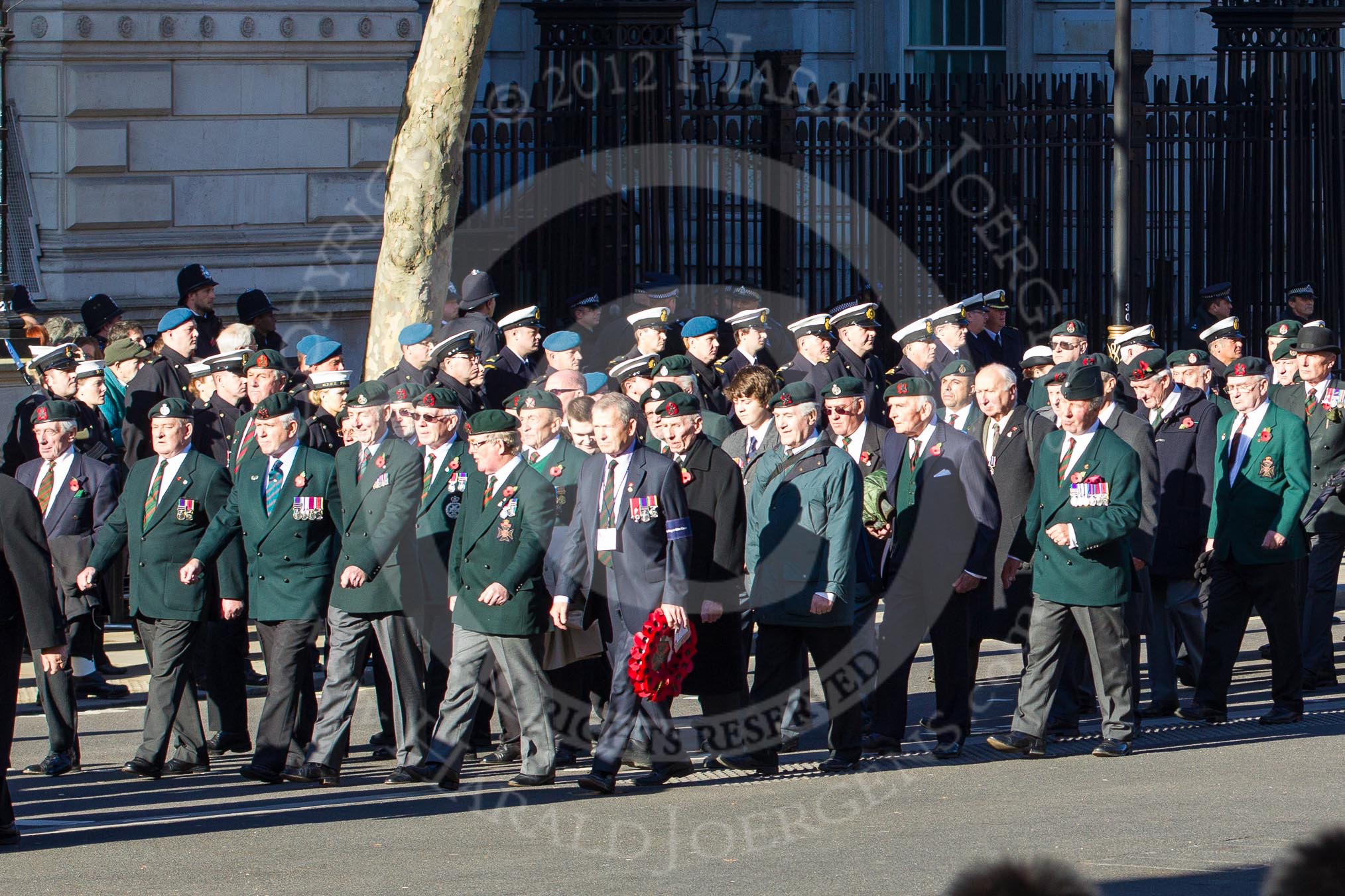 Remembrance Sunday 2012 Cenotaph March Past: Group A13 - Mercian Regiment Association, and A14 - Rifles Regimental Association, A15 - The Rifles & Royal Gloucestershire, Berkshire & Wiltshire Regimental Association..
Whitehall, Cenotaph,
London SW1,

United Kingdom,
on 11 November 2012 at 11:50, image #645