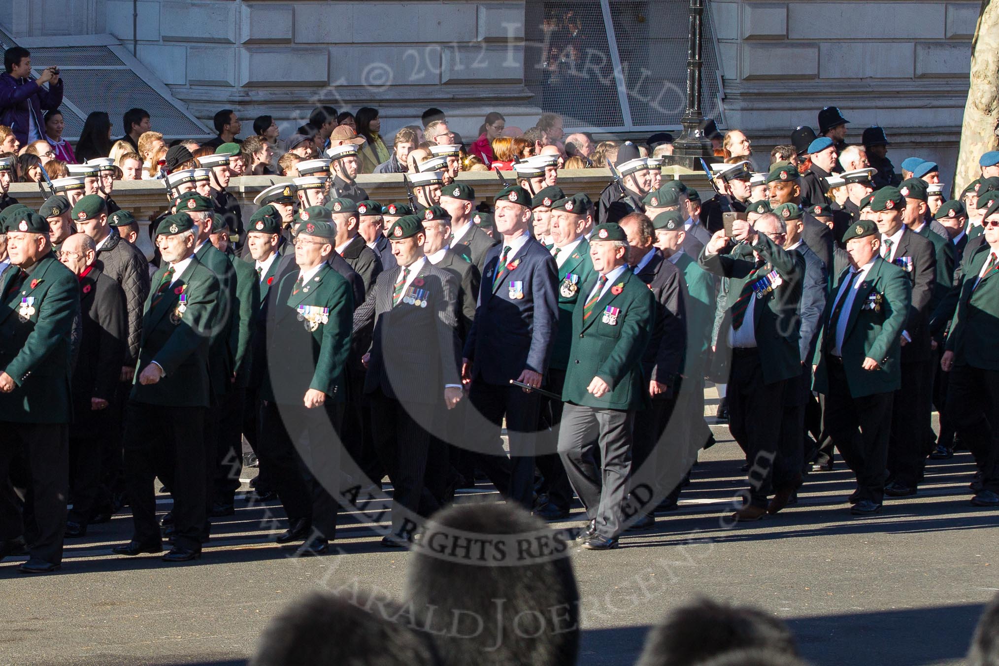 Remembrance Sunday 2012 Cenotaph March Past: Groups A16 - A19: Royal Irish Regiment Association/
Durham Light Infantry Association/King's Royal Rifle Corps Association/Royal Green Jackets Association..
Whitehall, Cenotaph,
London SW1,

United Kingdom,
on 11 November 2012 at 11:50, image #663