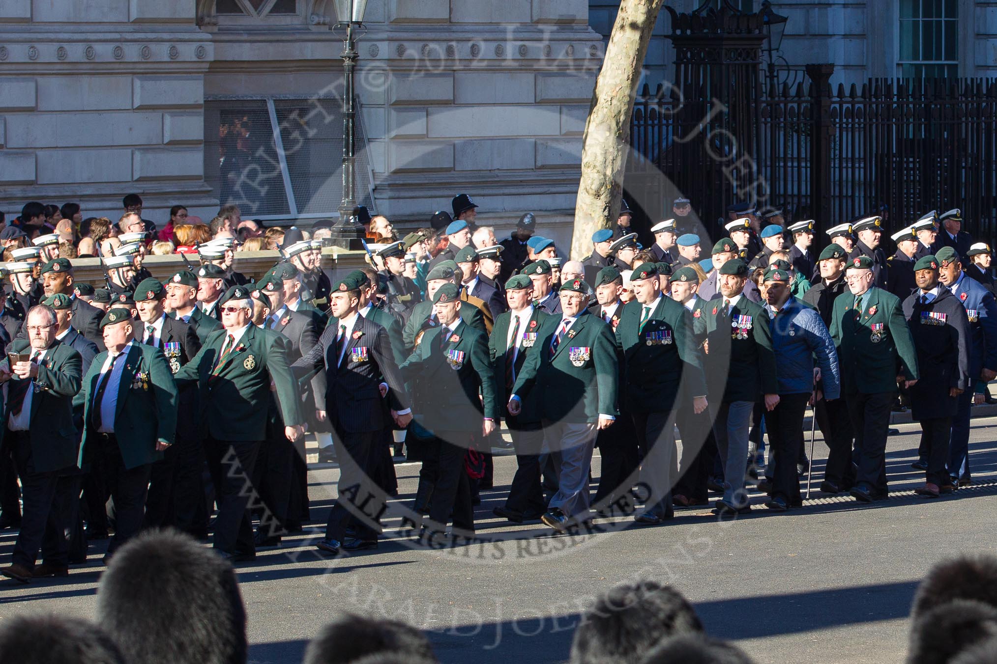 Remembrance Sunday 2012 Cenotaph March Past: Groups A16 - A19: Royal Irish Regiment Association/
Durham Light Infantry Association/King's Royal Rifle Corps Association/Royal Green Jackets Association..
Whitehall, Cenotaph,
London SW1,

United Kingdom,
on 11 November 2012 at 11:50, image #666