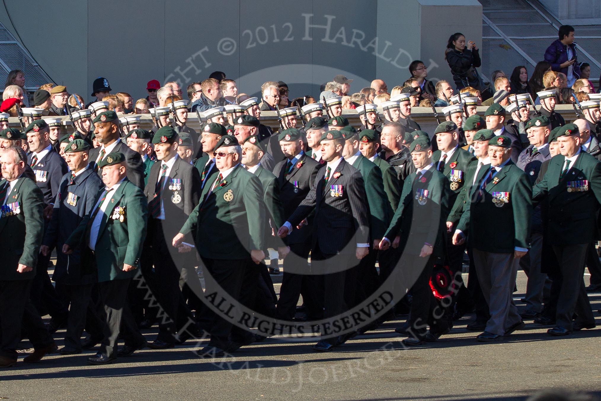 Remembrance Sunday 2012 Cenotaph March Past: Groups A16 - A19: Royal Irish Regiment Association/
Durham Light Infantry Association/King's Royal Rifle Corps Association/Royal Green Jackets Association..
Whitehall, Cenotaph,
London SW1,

United Kingdom,
on 11 November 2012 at 11:50, image #669