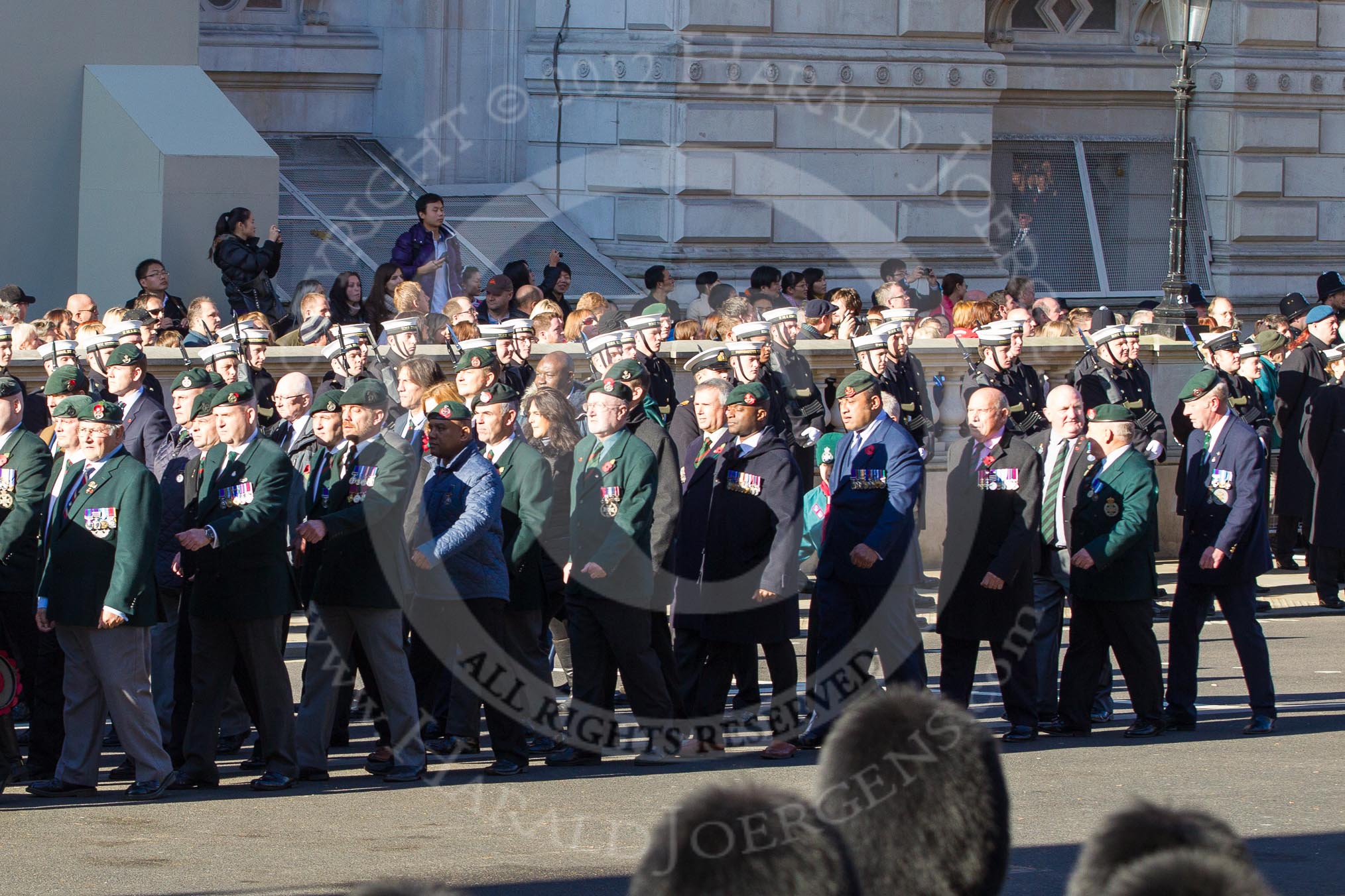 Remembrance Sunday 2012 Cenotaph March Past: Groups A16 - A19: Royal Irish Regiment Association/
Durham Light Infantry Association/King's Royal Rifle Corps Association/Royal Green Jackets Association..
Whitehall, Cenotaph,
London SW1,

United Kingdom,
on 11 November 2012 at 11:50, image #671