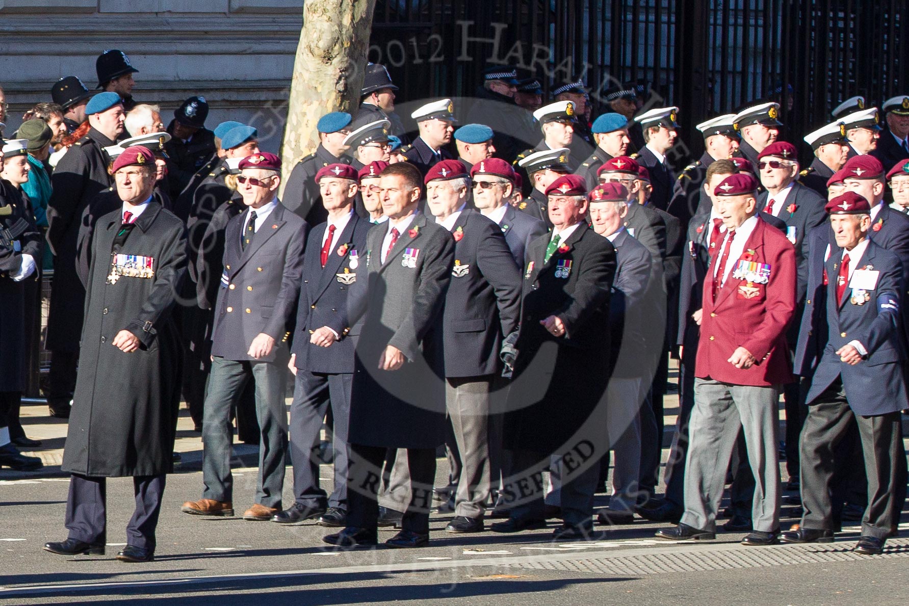 Remembrance Sunday 2012 Cenotaph March Past: Groups A16 - A19: Royal Irish Regiment Association/
Durham Light Infantry Association/King's Royal Rifle Corps Association/Royal Green Jackets Association..
Whitehall, Cenotaph,
London SW1,

United Kingdom,
on 11 November 2012 at 11:50, image #673