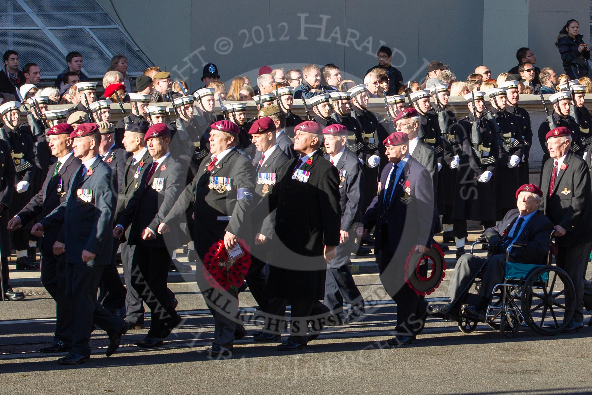 Remembrance Sunday 2012 Cenotaph March Past: Group A20 - Parachute Regimental Association and A21 - Royal Scots Regimental Association..
Whitehall, Cenotaph,
London SW1,

United Kingdom,
on 11 November 2012 at 11:51, image #700