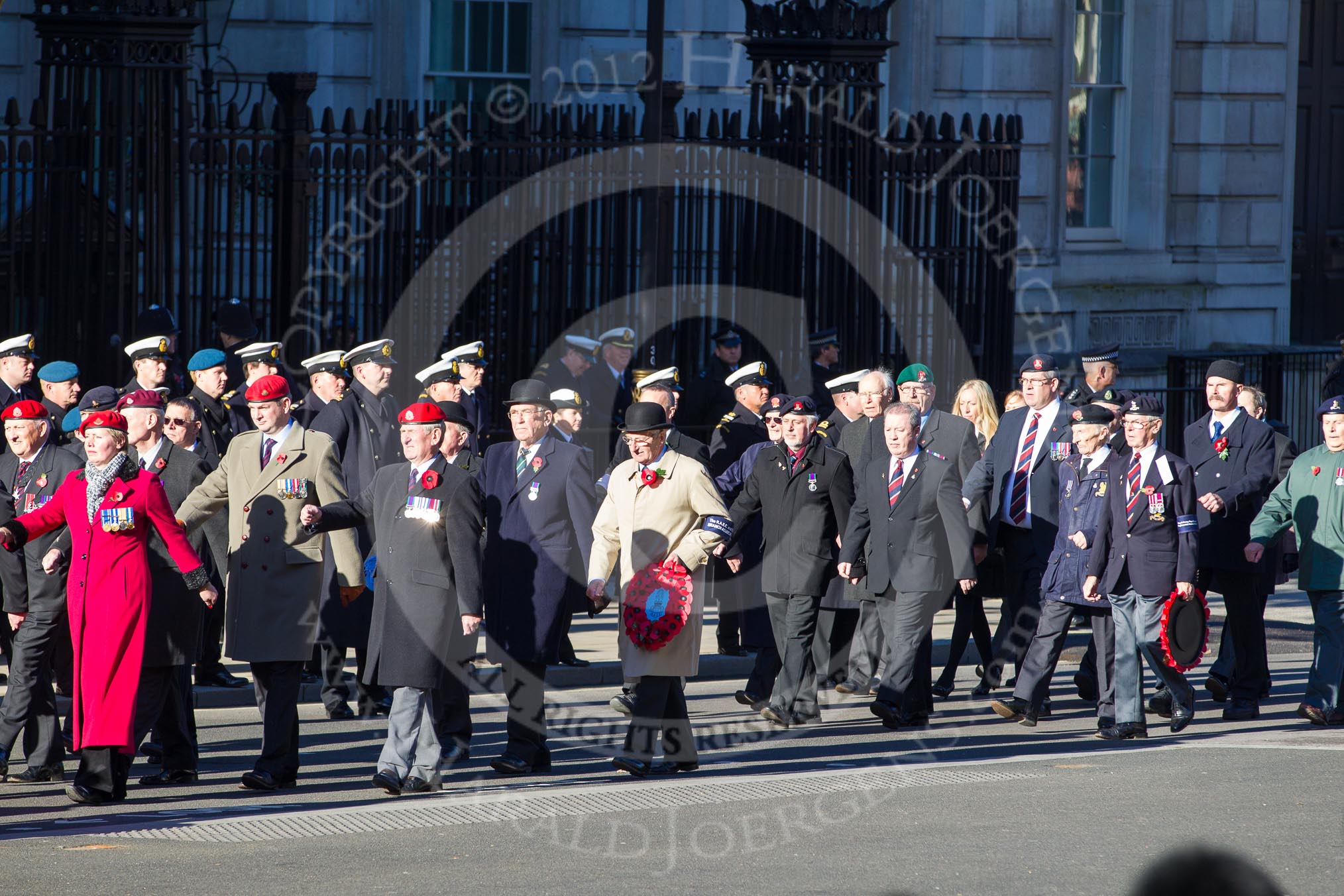 Remembrance Sunday 2012 Cenotaph March Past: Group B3, Royal Military Police Association, B4 - The RAEC and ETS Branch Association, and B5 - Royal Army Pay Corps Regimental Association..
Whitehall, Cenotaph,
London SW1,

United Kingdom,
on 11 November 2012 at 11:55, image #838