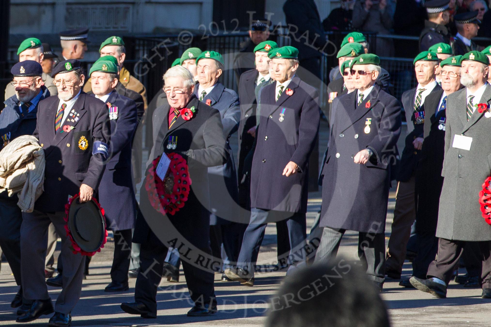 Remembrance Sunday 2012 Cenotaph March Past: Group B4 - The RAEC and ETS Branch Association, B5 - Royal Army Pay Corps Regimental Association, and B6 - Royal Army Veterinary Corps & Royal Army Dental Corps ..
Whitehall, Cenotaph,
London SW1,

United Kingdom,
on 11 November 2012 at 11:55, image #842