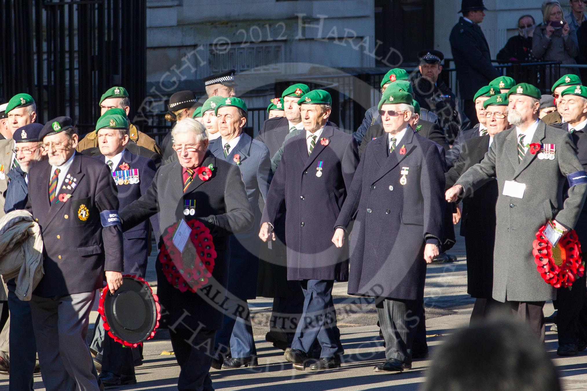 Remembrance Sunday 2012 Cenotaph March Past: Group B5 - Royal Army Pay Corps Regimental Association, B6 - Royal Army Veterinary Corps & Royal Army Dental Corps, and B7 - Intelligence Corps Association..
Whitehall, Cenotaph,
London SW1,

United Kingdom,
on 11 November 2012 at 11:55, image #844