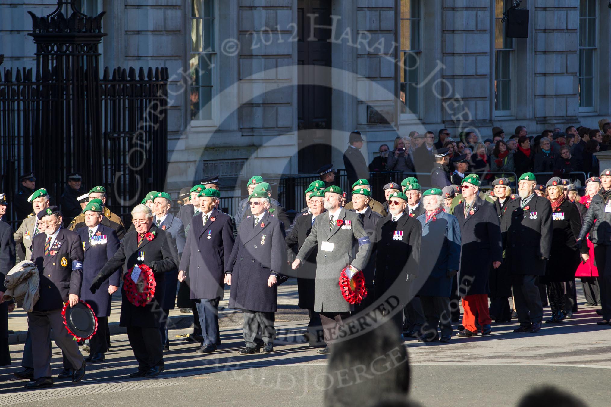 Remembrance Sunday 2012 Cenotaph March Past: Group B6 - Royal Army Veterinary Corps & Royal Army Dental Corps, B7 - Intelligence Corps Association, and B8 - Royal Army Physical Training Corps..
Whitehall, Cenotaph,
London SW1,

United Kingdom,
on 11 November 2012 at 11:55, image #845