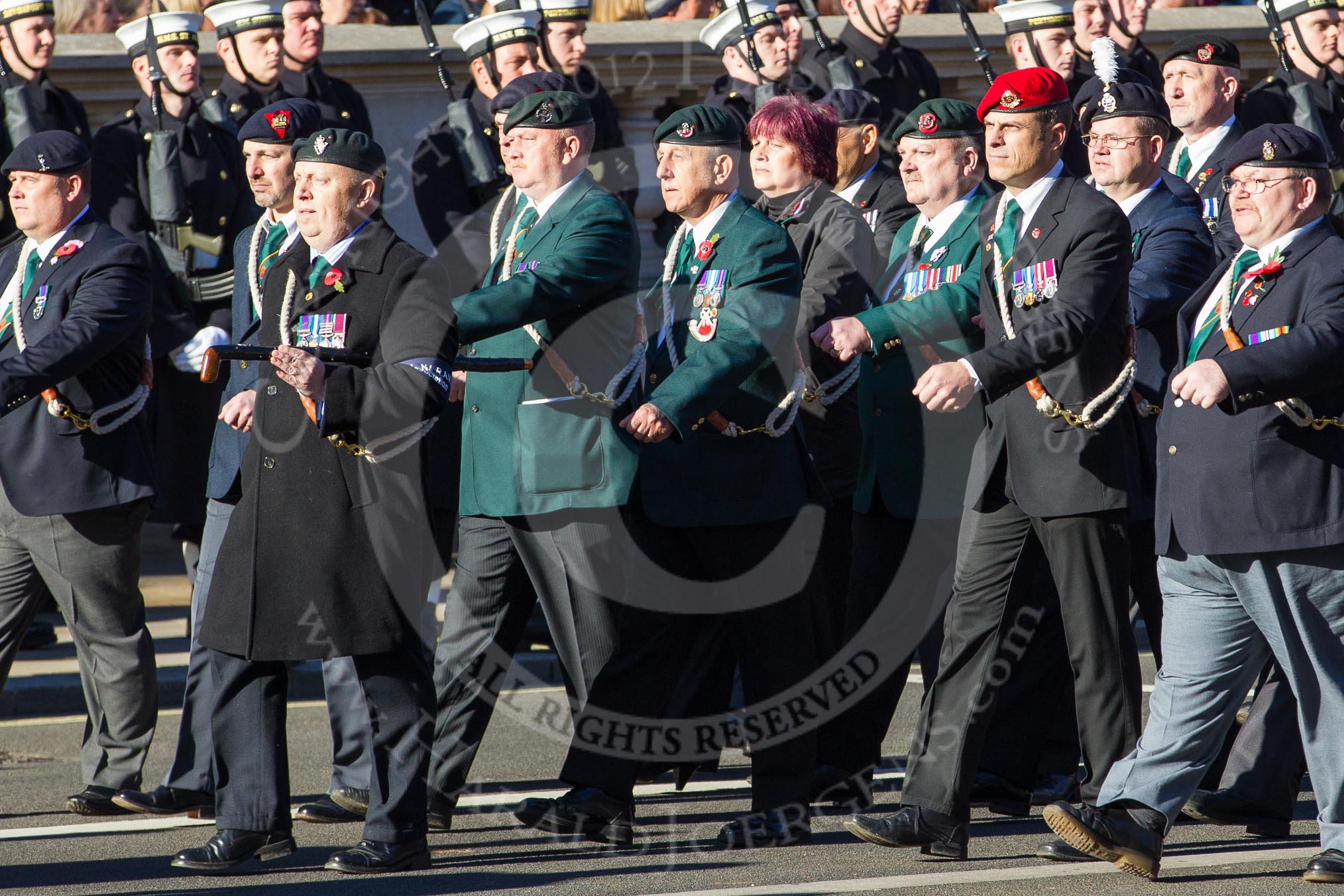 Remembrance Sunday 2012 Cenotaph March Past: Group B15 - 43rd Reconnaissance Regiment Old Comrades Association and B16 - Army Dog Unit Northern Ireland Association..
Whitehall, Cenotaph,
London SW1,

United Kingdom,
on 11 November 2012 at 11:57, image #905