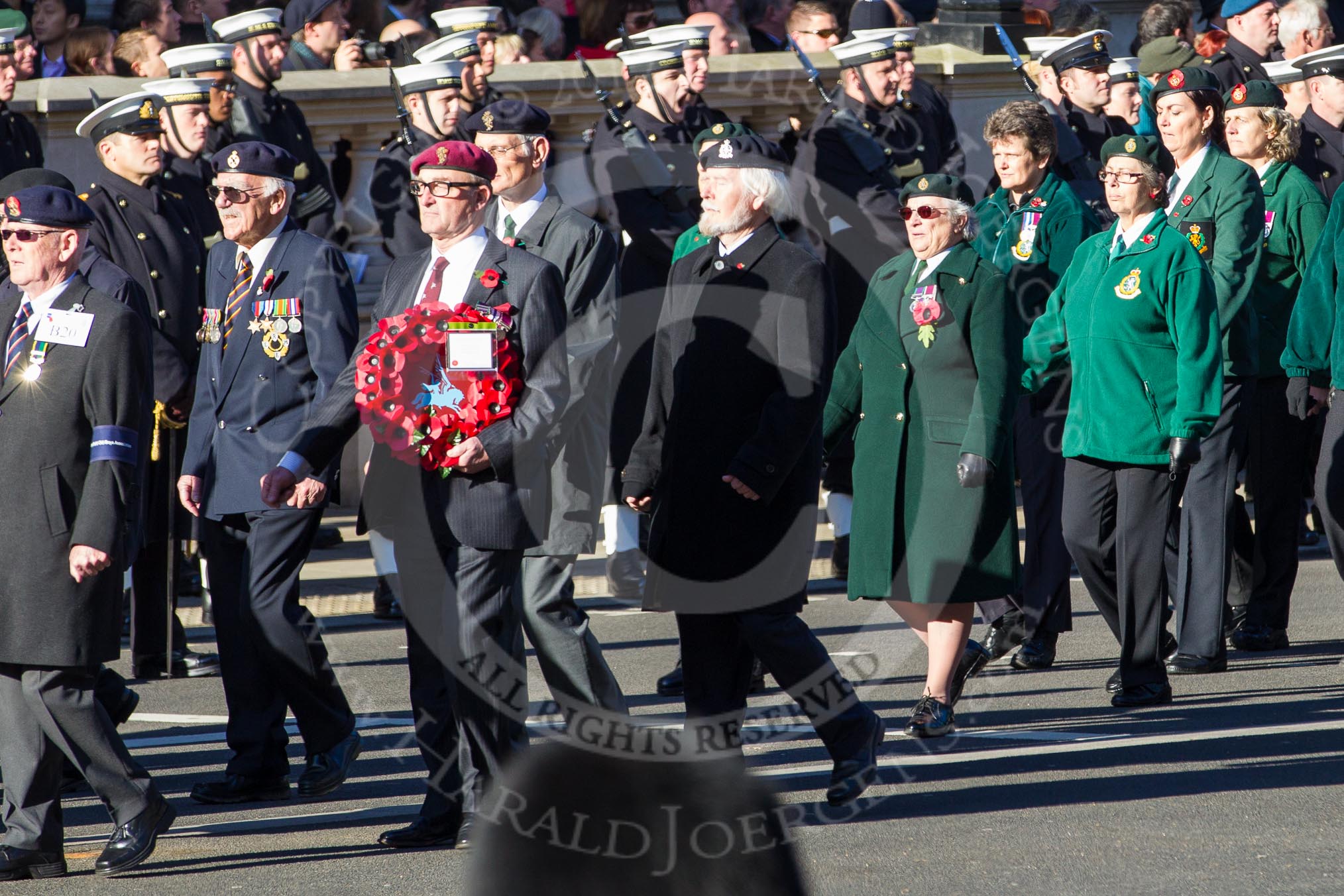 Remembrance Sunday 2012 Cenotaph March Past: Group B20 - Arborfield Old Boys Association, and B21 - Women's Royal Army Corps Association..
Whitehall, Cenotaph,
London SW1,

United Kingdom,
on 11 November 2012 at 11:57, image #945