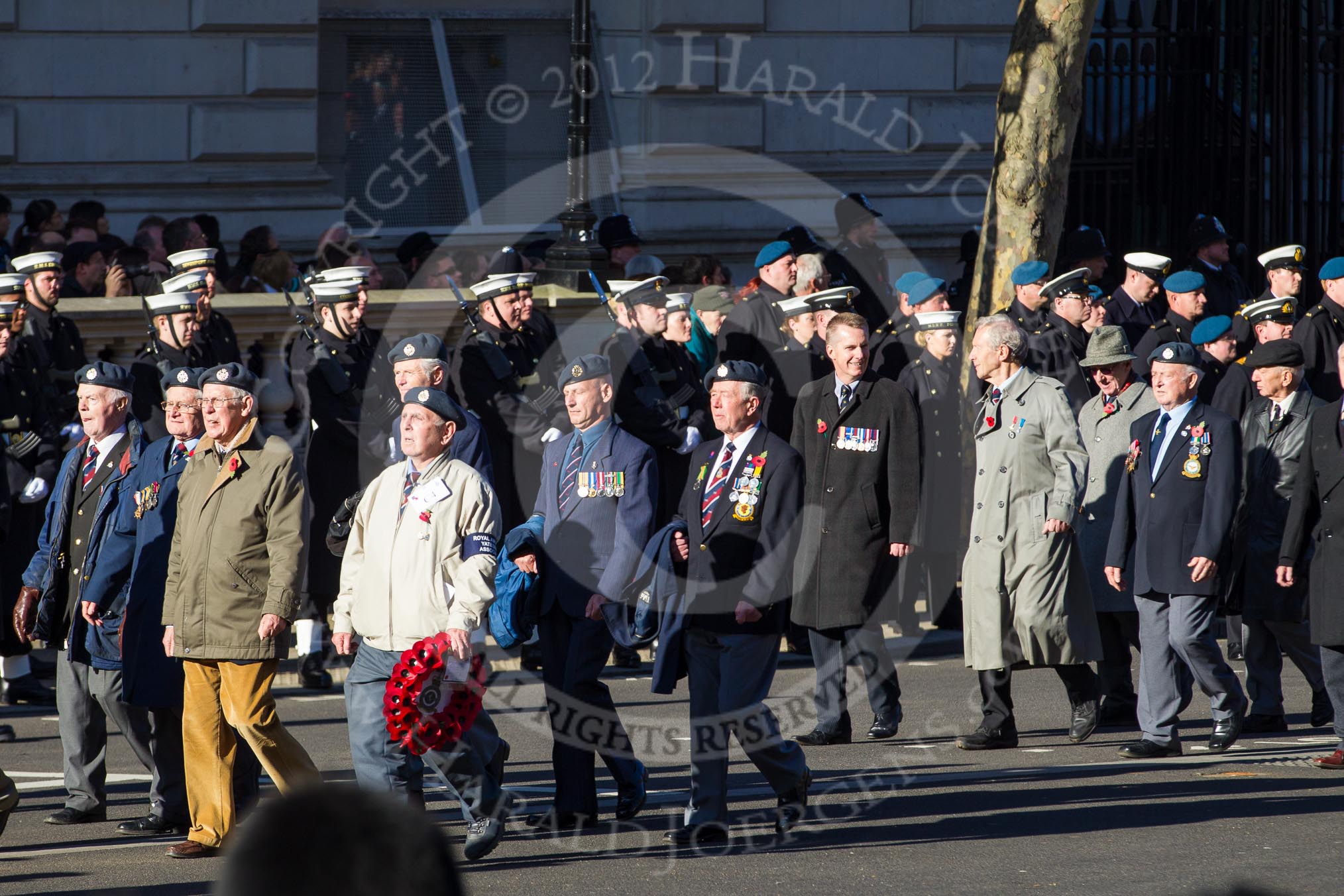 Remembrance Sunday 2012 Cenotaph March Past: Group C4 - Royal Air Force Yatesbury Association, and C5 - Royal Air Force Airfield Construction Branch Association..
Whitehall, Cenotaph,
London SW1,

United Kingdom,
on 11 November 2012 at 12:01, image #1093
