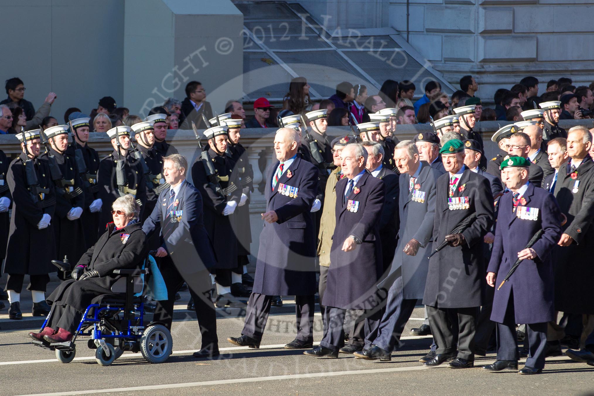 Remembrance Sunday 2012 Cenotaph March Past: Group D1 - South Atlantic Medal Association (www.sama82.org.uk), veterans of the Falklands war in 1982 and islanders from that time..
Whitehall, Cenotaph,
London SW1,

United Kingdom,
on 11 November 2012 at 12:04, image #1201