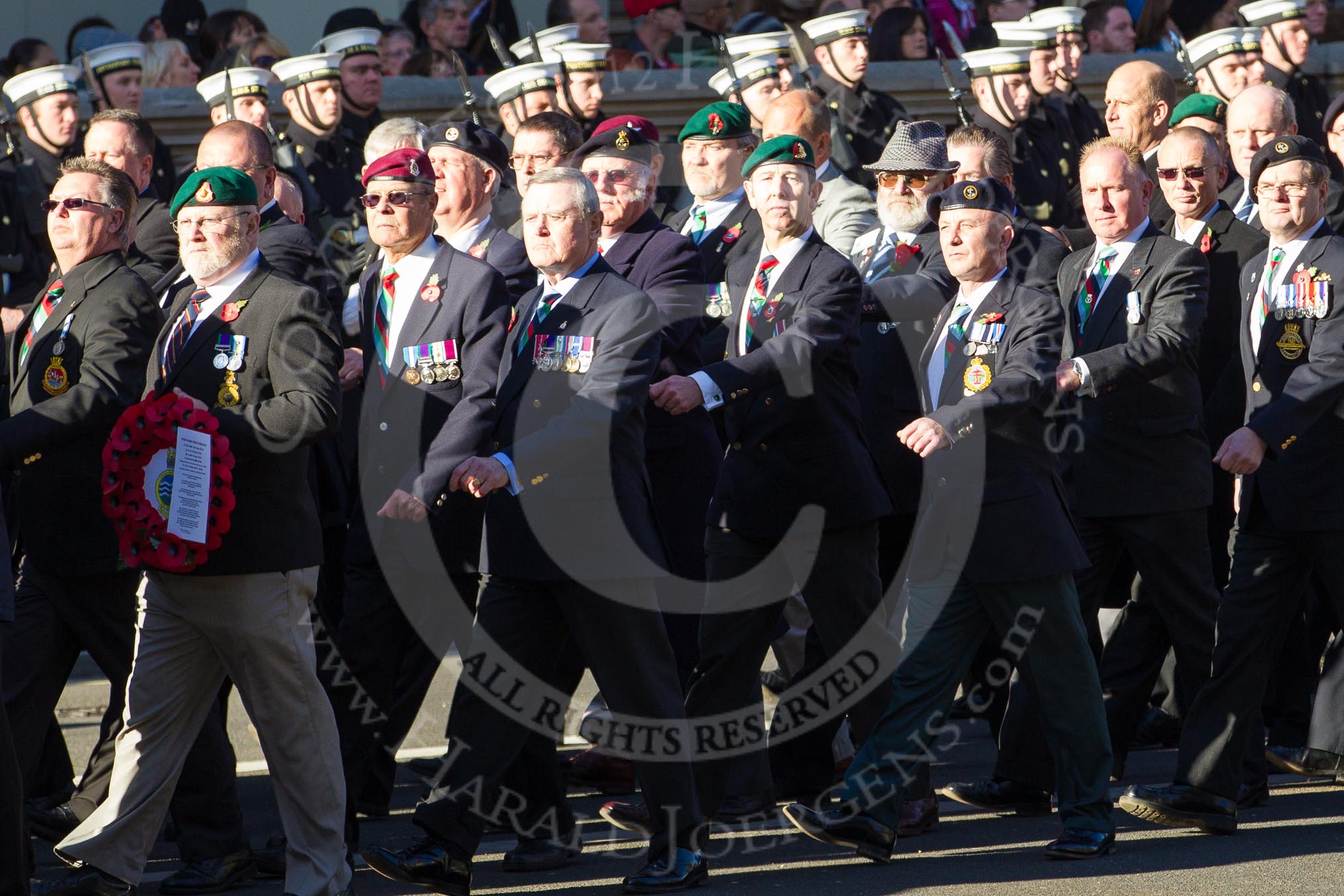 Remembrance Sunday 2012 Cenotaph March Past: Group D1 - South Atlantic Medal Association (www.sama82.org.uk), veterans of the Falklands war in 1982 and islanders from that time..
Whitehall, Cenotaph,
London SW1,

United Kingdom,
on 11 November 2012 at 12:04, image #1217