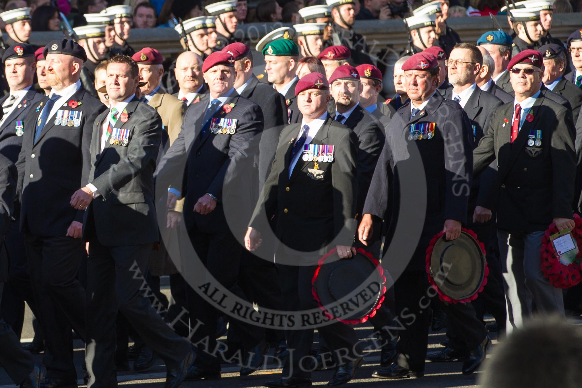 Remembrance Sunday 2012 Cenotaph March Past: Group D1 - South Atlantic Medal Association (www.sama82.org.uk), veterans of the Falklands war in 1982 and islanders from that time..
Whitehall, Cenotaph,
London SW1,

United Kingdom,
on 11 November 2012 at 12:04, image #1222