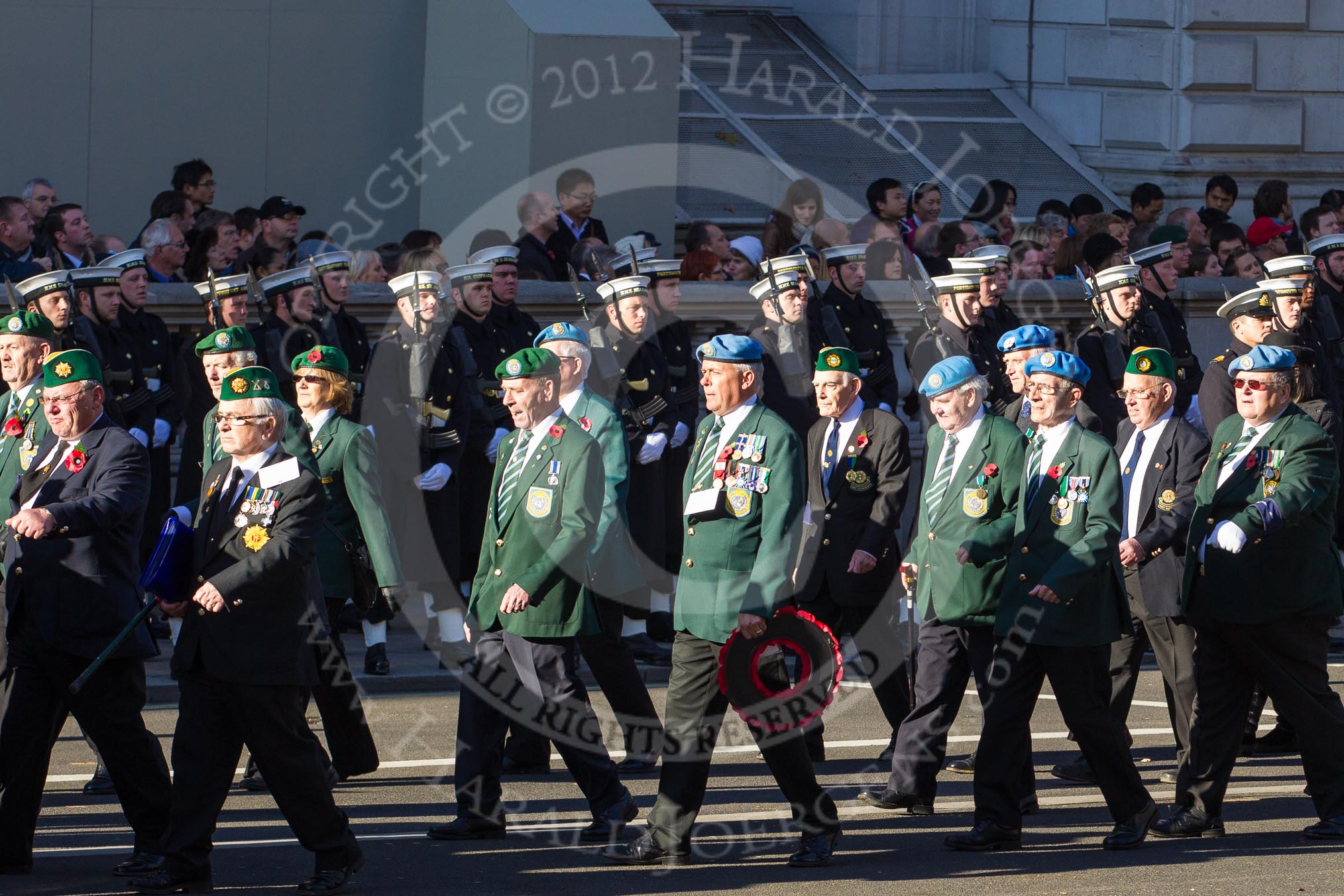 Remembrance Sunday 2012 Cenotaph March Past: Group D21 - Northern Ireland Veterans' Association, D22 - Irish United Nations Veterans Association, and D23 - ONET UK..
Whitehall, Cenotaph,
London SW1,

United Kingdom,
on 11 November 2012 at 12:08, image #1398