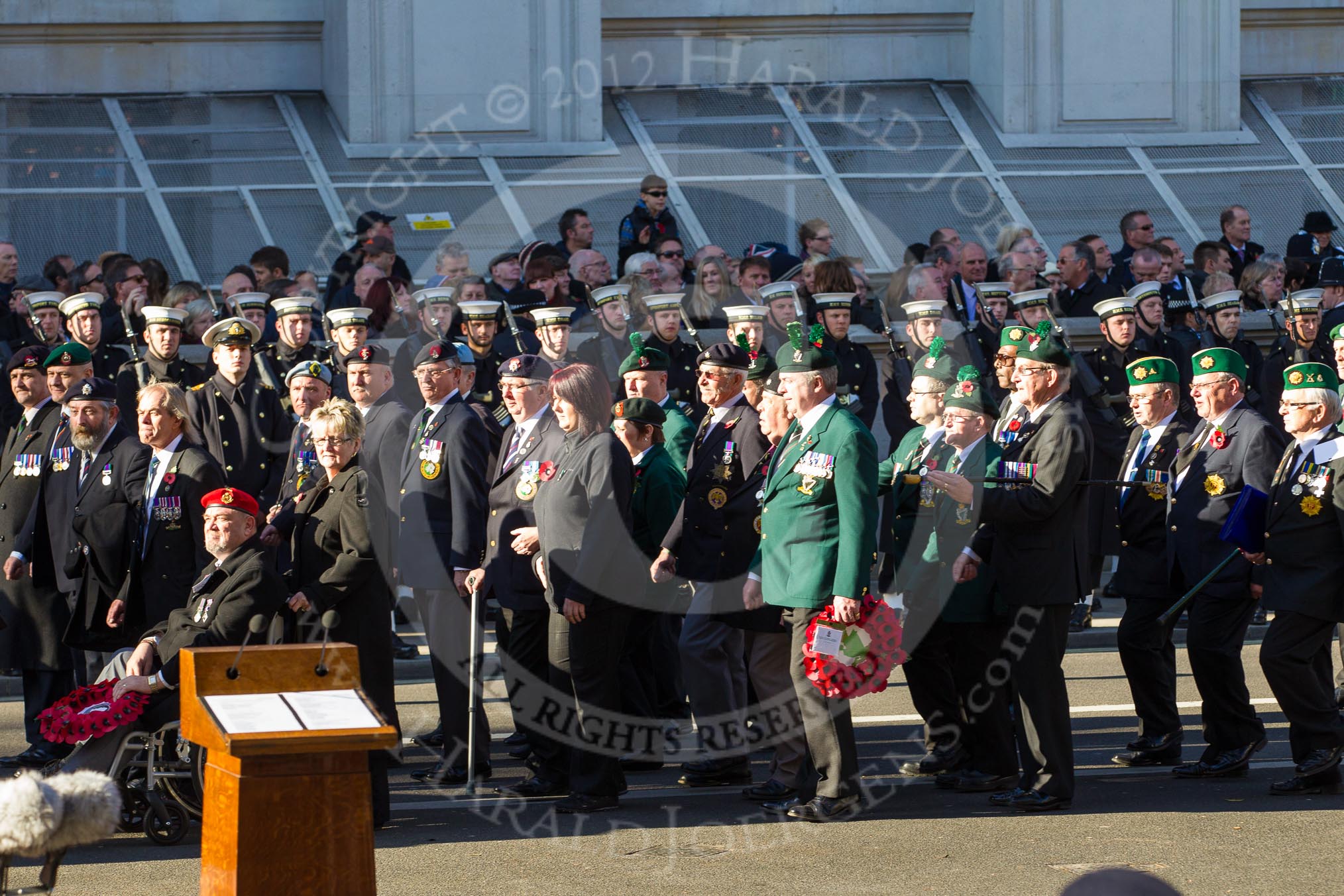 Remembrance Sunday 2012 Cenotaph March Past: Group D21 - Northern Ireland Veterans' Association, D22 - Irish United Nations Veterans Association, and D23 - ONET UK..
Whitehall, Cenotaph,
London SW1,

United Kingdom,
on 11 November 2012 at 12:08, image #1403