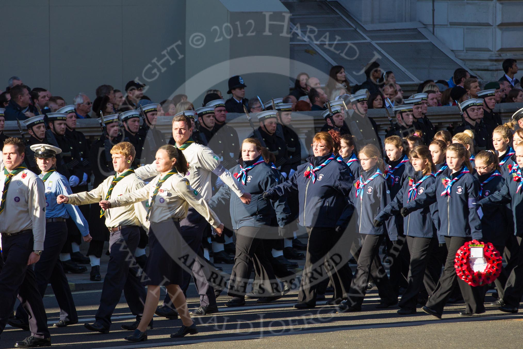 Remembrance Sunday 2012 Cenotaph March Past: Group M47 - Scout Association and M48 - Girlguiding London & South East England..
Whitehall, Cenotaph,
London SW1,

United Kingdom,
on 11 November 2012 at 12:15, image #1710