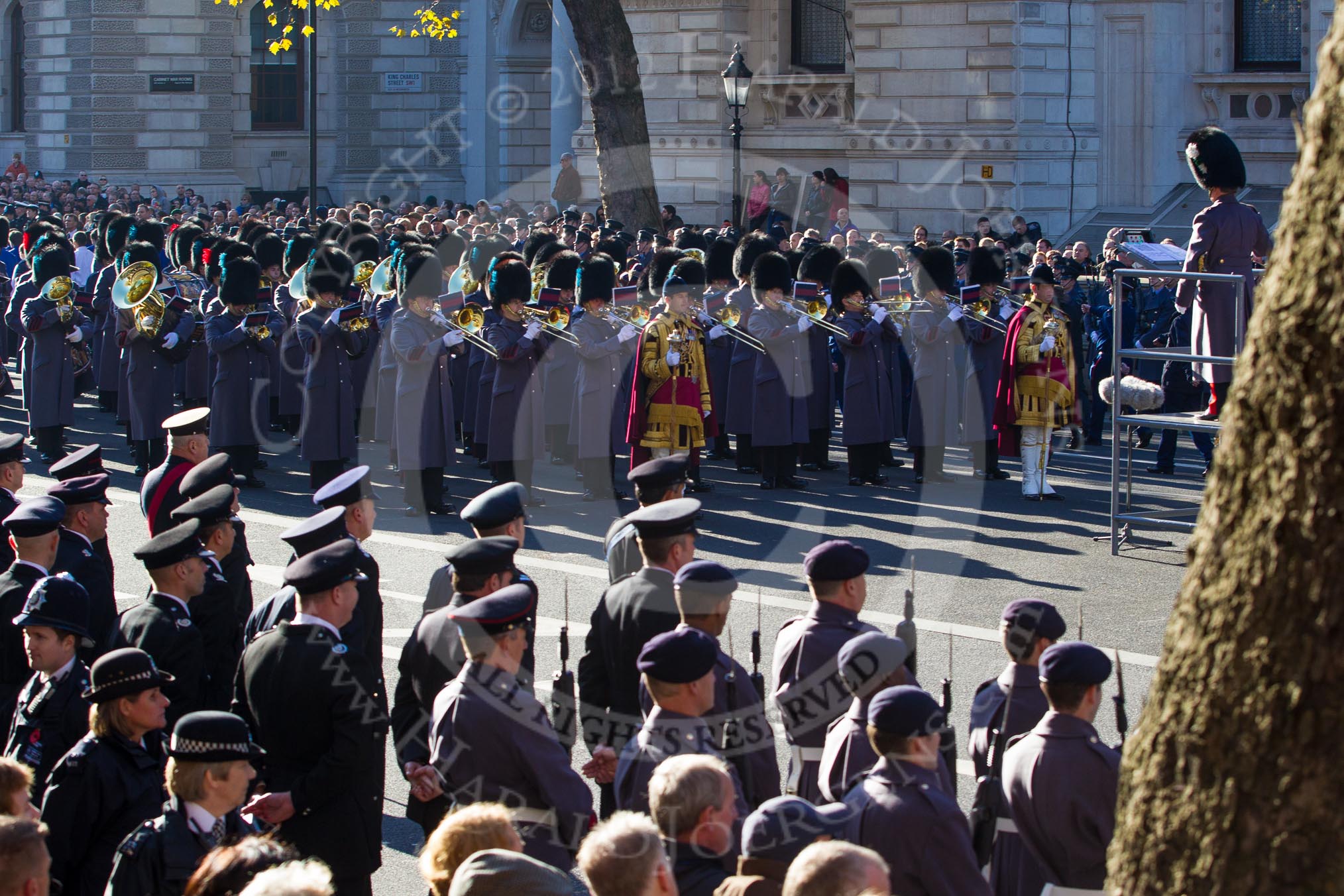 Remembrance Sunday 2012 Cenotaph March Past: The Massed Bands playing on the western side of Whitehall after the March Past..
Whitehall, Cenotaph,
London SW1,

United Kingdom,
on 11 November 2012 at 12:16, image #1776