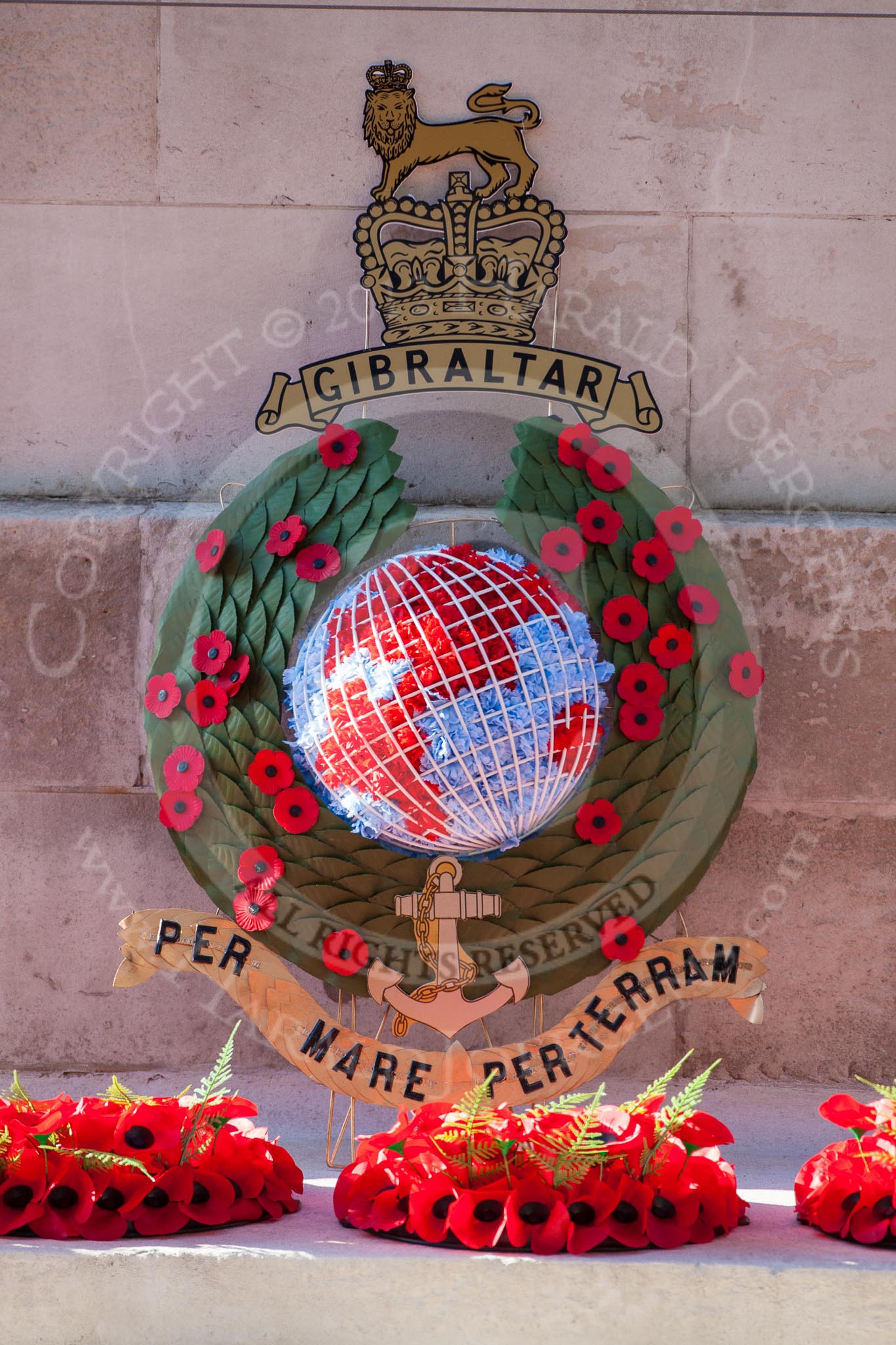 Remembrance Sunday 2012 Cenotaph March Past: "Gibraltar - per mare per terram". Wreath on the southern side of the Cenotaph..
Whitehall, Cenotaph,
London SW1,

United Kingdom,
on 11 November 2012 at 12:18, image #1781