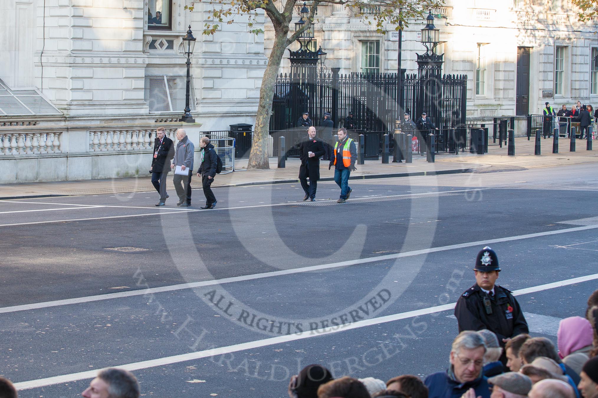 Whitehall, and the southern entrance gate to Downing Street, in the morning of Remembrance Sunday.