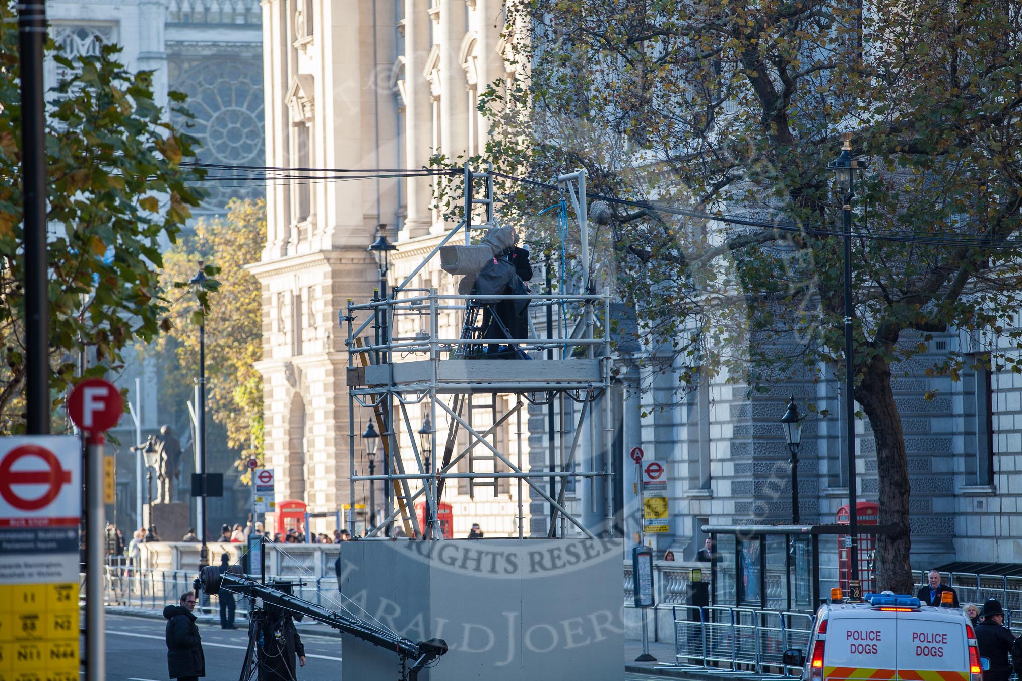 A temporary scaffolding structure set up in the middle of Whitehall for one of the BBC/SIS  cameras.